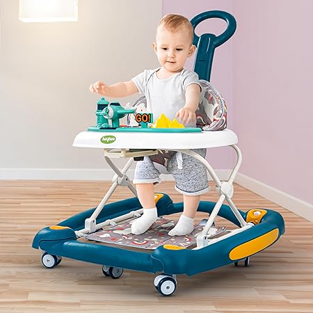 BAYBEE 3 In 1 Staffy Baby Walker For Kids With Rocker & Push Handle, Kids Walker With 3 Adjustable Height, Mat & Musical Toy Bar|Activity Walker For Baby|Push Walker Baby 6-18 Months Boy Girl (Blue)