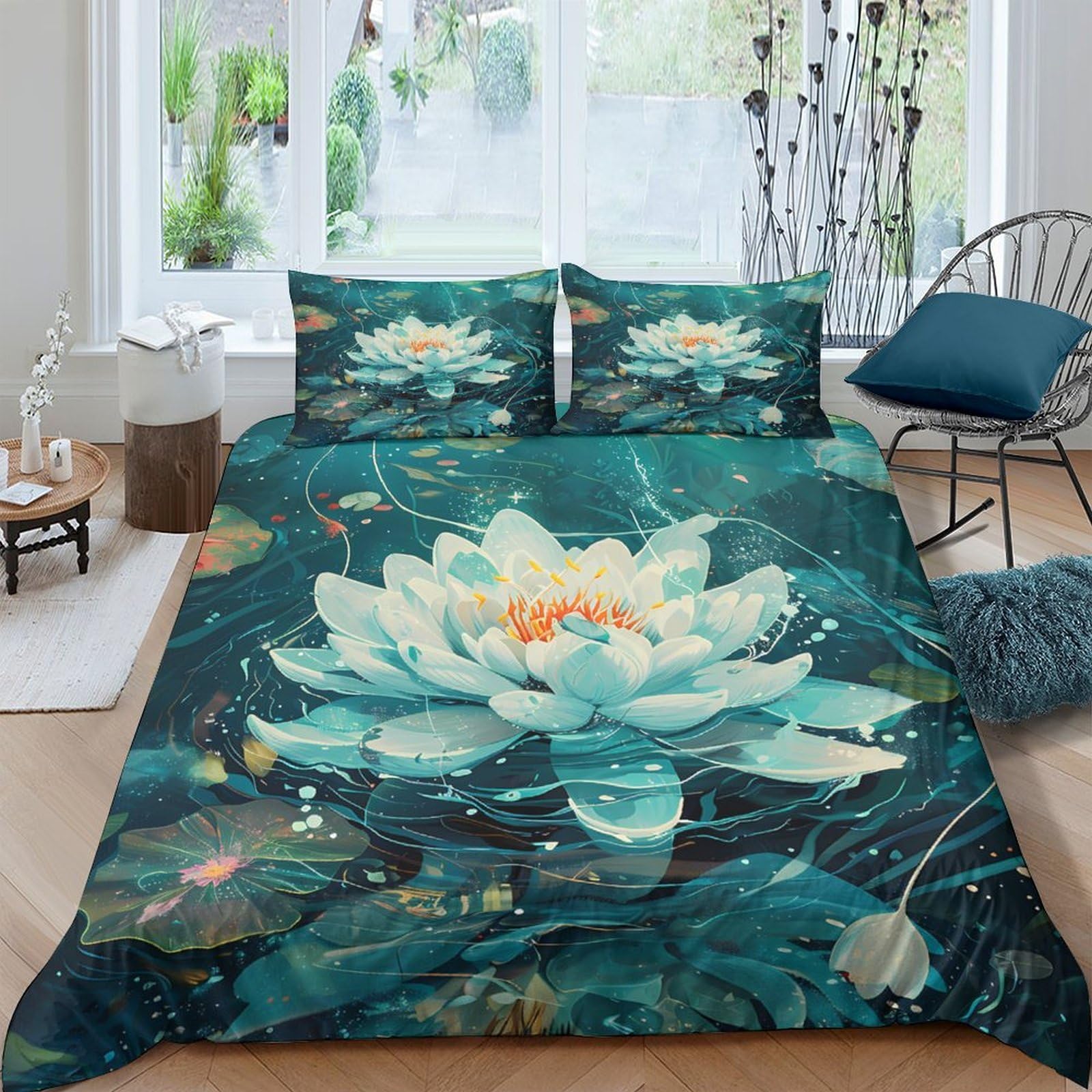 Ctjqhvkz Style-10 3D Printed Lotus Pond Fitted Sheet Microfiber Soft Blue Green Koi Bed Cover For Bedroom Guest Room Decor Single（135X200cm）