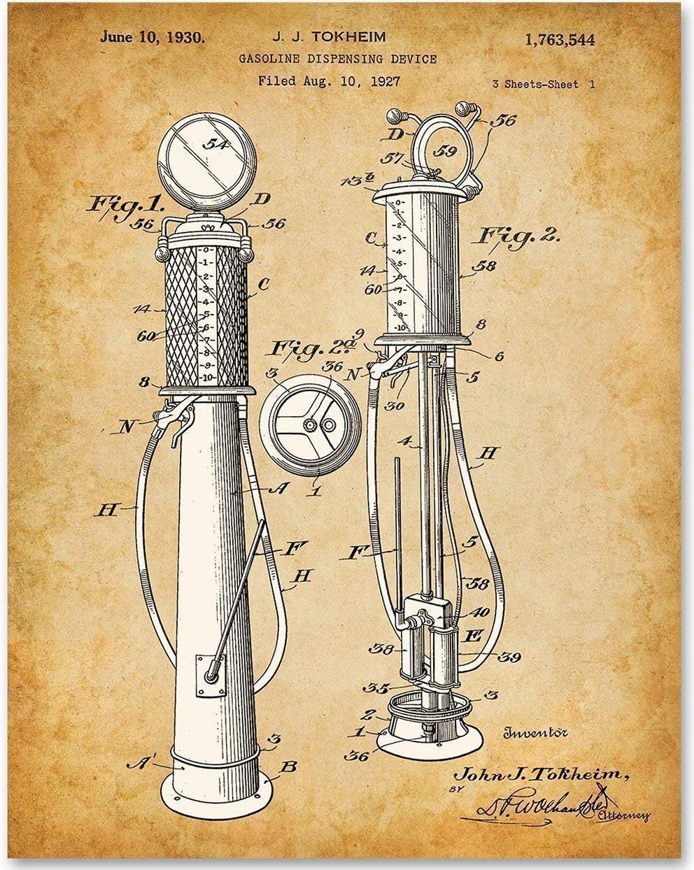 Bomba de gasolina Petroliana Patent – Póster vintage de bomba de gas, gran decoración de oficina en casa y garaje, exhibición clásica de gasolinera,