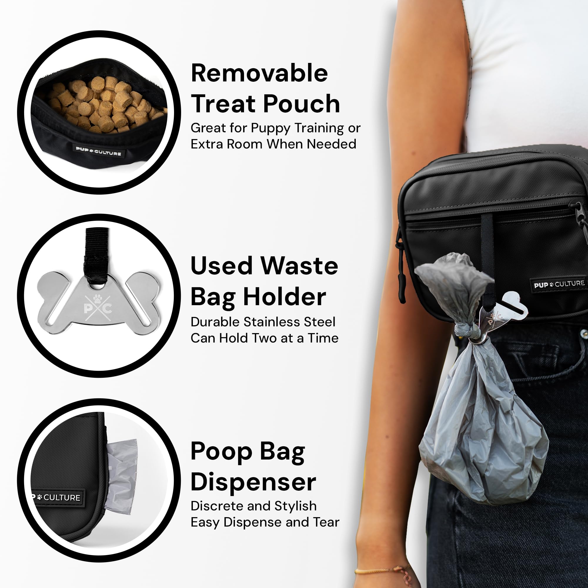 Pup Culture Borsa per cani con dispenser per sacchetti per la cacca e sacchetto rimovibile per dolcetti | Borsa a tracolla per cani | Lo strumento perfetto per l'addestramento dei cuccioli e un regalo