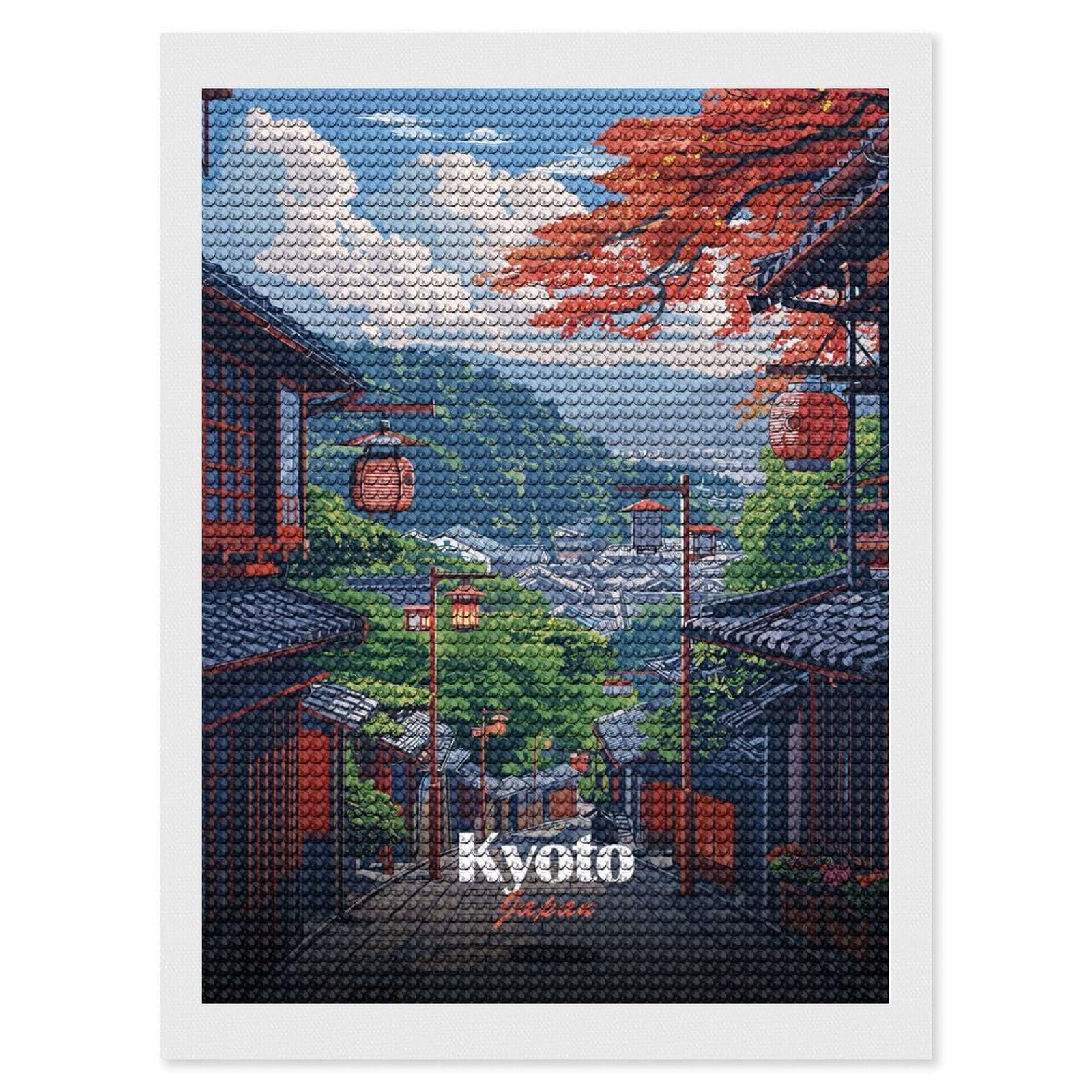 Junmoney Kyoto Japan Street View Illustration Diamond Painting Set 12"x16", Neat Printed Canvas, with Tool Kit, Bedroom Decor, Gift Idea, Complete Accessories