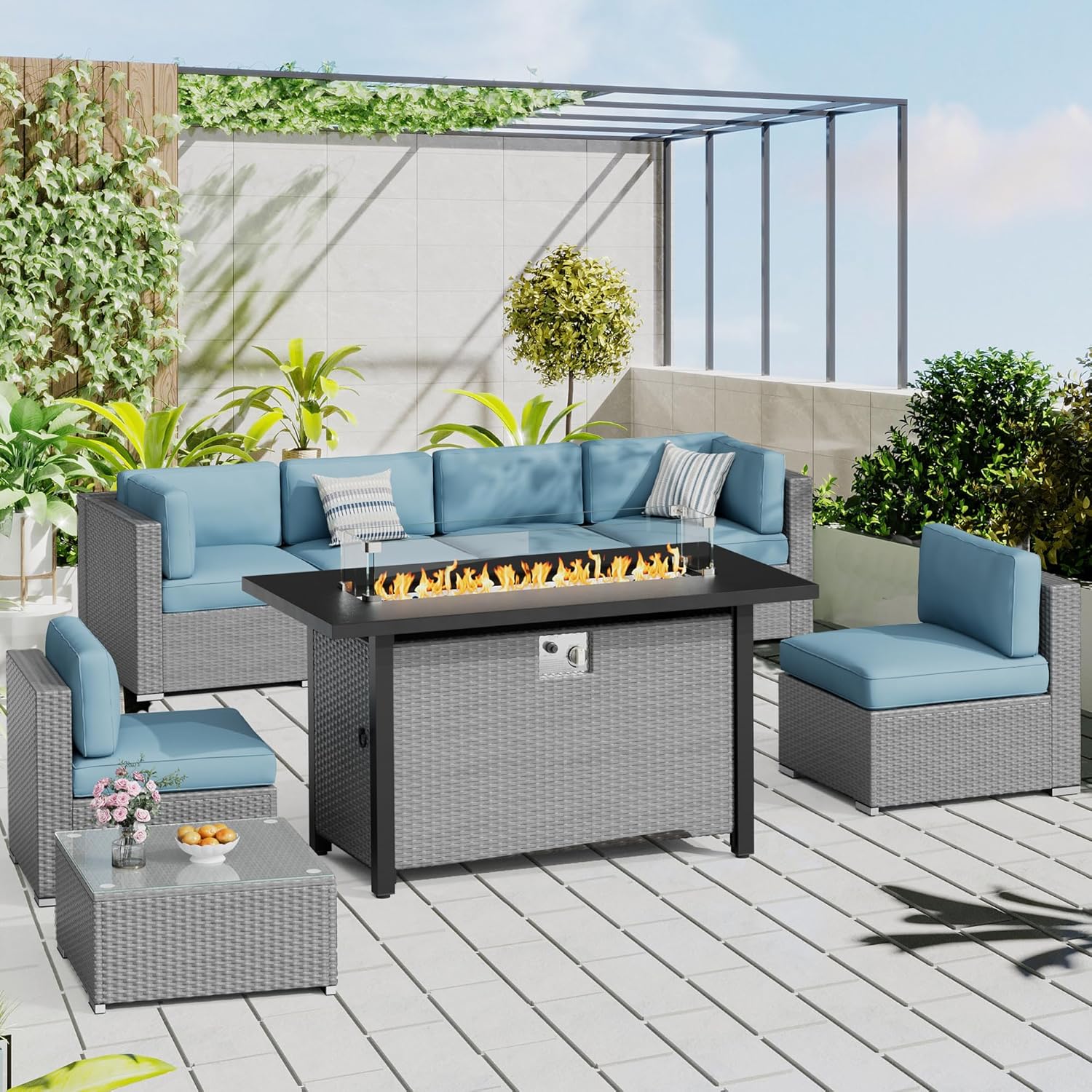 45 Inch Propane Fire Pit Table, 50,000 BTU Outdoor Rectangular Wicker Gas Fire Table with Firepit Lid, Steel Tabletop, Glass Wind Guard, Blue Glass Stone and Waterproof Cover, Grey