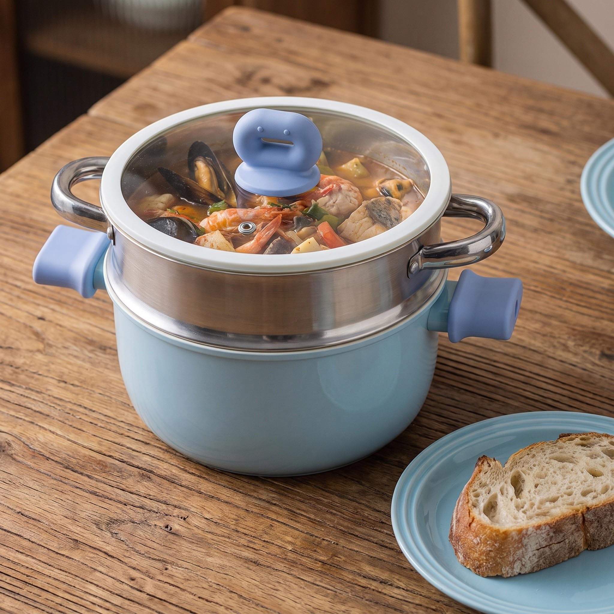 ibasenice Pentola antiaderente con coperchio, pentola per zuppa - Casseruola in ceramica con cestello per la cottura a vapore - Padella antiaderente per fornelli e induzione per pasta, stufati e