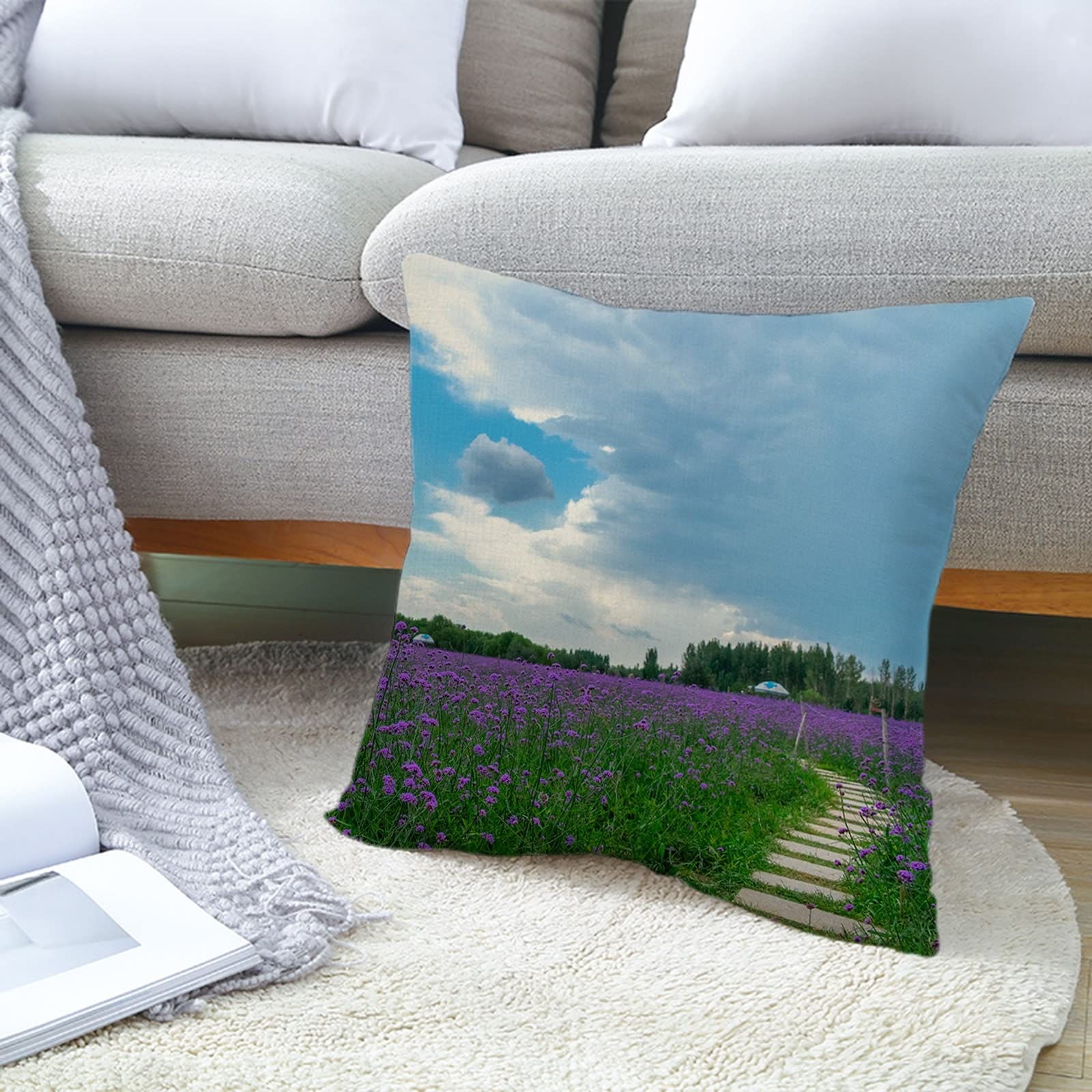 4 fundas de almohada de 50 x 50 cm, funda de cojín decorativa, azul, morado, verde, cielo y sauce verbena patrón de lino para sala de estar, sofá dormitorio
