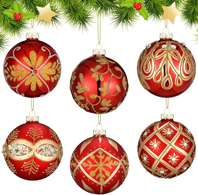 GlikCeil 6 Pieces 3.15 Inch Glass Luxury Christmas Ball Red