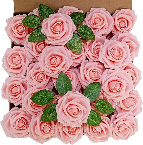 Miniatura 38 de Winlyn 50 rosas rojas de tacto real con tallos y hojas de seda, flores artificiales a granel para bodas, centros de mesa, arreglos florales
