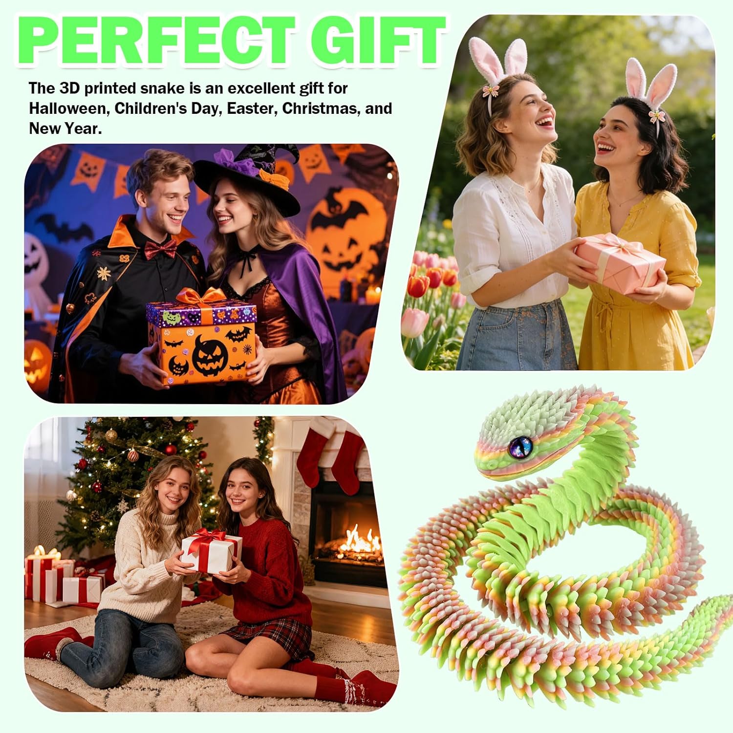 3D Printed Glow in The Dark Animals Snake, 30 Inch Surprise Mystery Fidget Anaconda Toy, Fake Python Statue with Realistic Eyes，3-D Print Articulated Viper Collectible for Home Office (CLR)