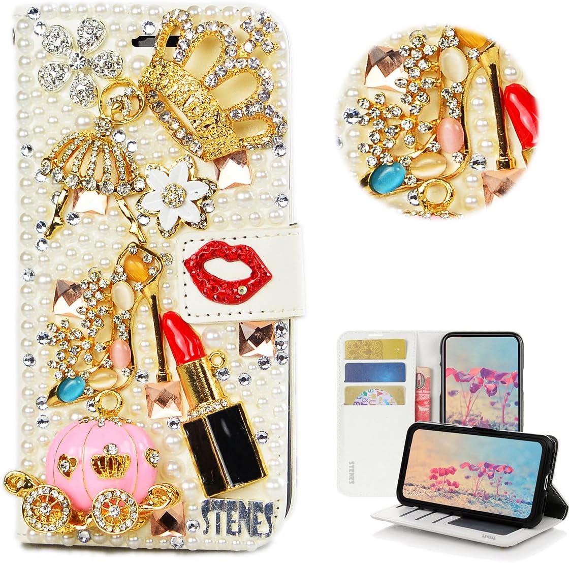 STENES Bling Case Compatible with BlackBerry KEY2 Case - 3D Handmade Crown Ballet Girls Lipstick High Heel Pumpkin Car Wallet Credit Card Slots Fold Stand Leather Cover - Red