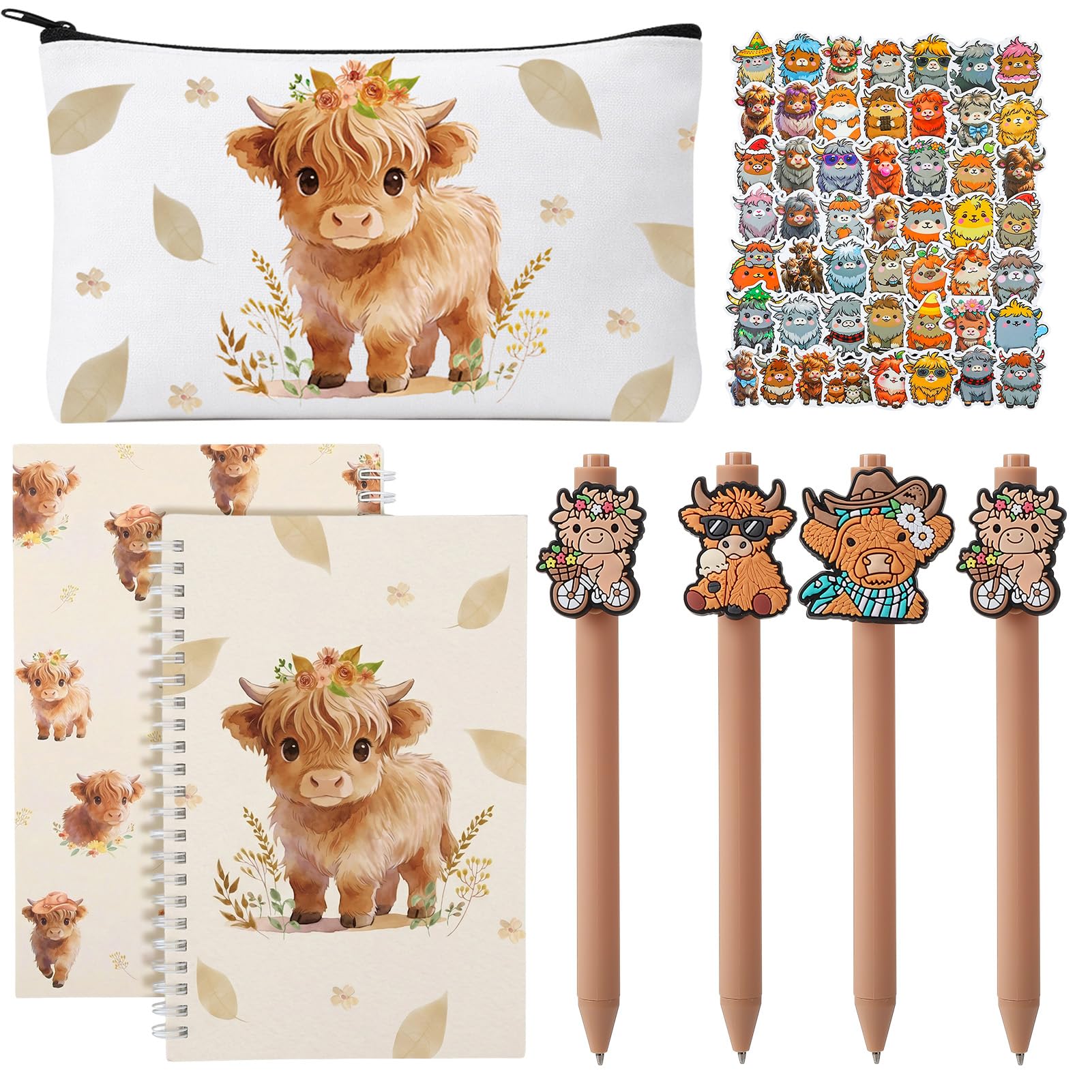 Candcamp Highland Cow Gift Set for Women Girls Cow Lovers Includes A5 Notebook,Ballpoint, Bottle Stickers, Pencil Bag,Birthday Present Thank You Gifts for Teachers Friends Colleagues Employees
