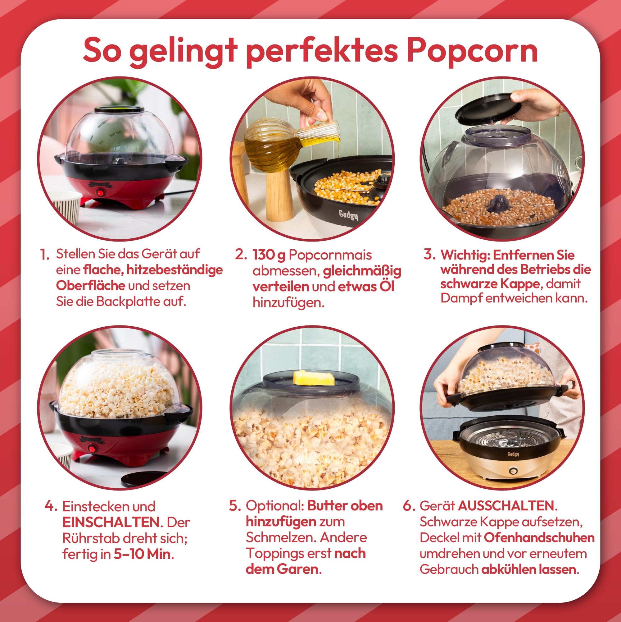 Gadgy Popcorn Maschine groß - Retro Popcorn Maker 5 L - Popcorn Maker mit Antihaftbeschichtung und abnehmbarer Heizfläche - Popkorn Maschine rot - Popcornmaschine 800W - Popcorn machine