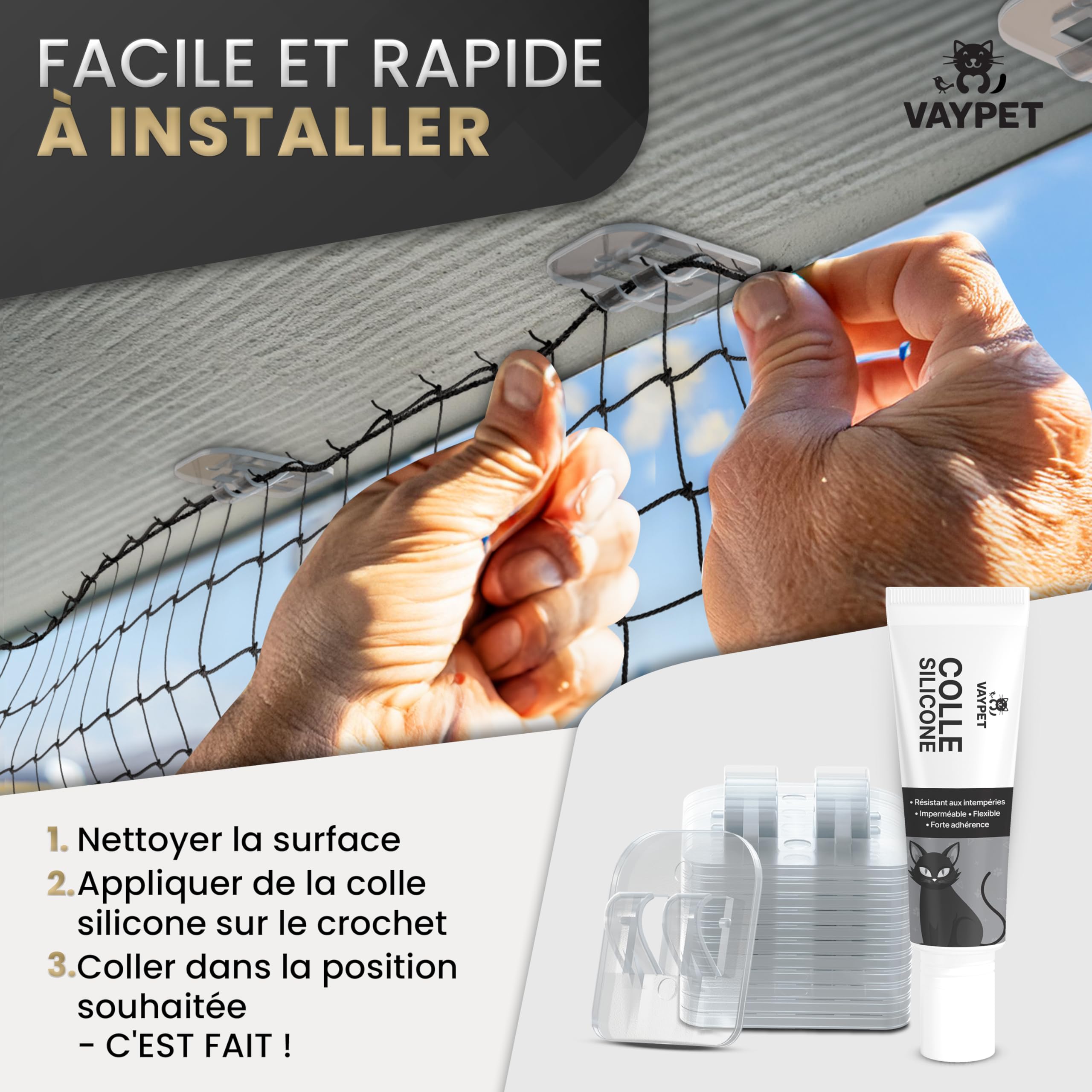 VAYPET® 100 Crochets Filet Chat & Colle Silicone [60ml] - Fixation & Attache Filet Chat Balcon sans Perçage | Crochet Adhésif Extérieur Transparent | Idéal sur Béton, Crépi & pour Fenêtre