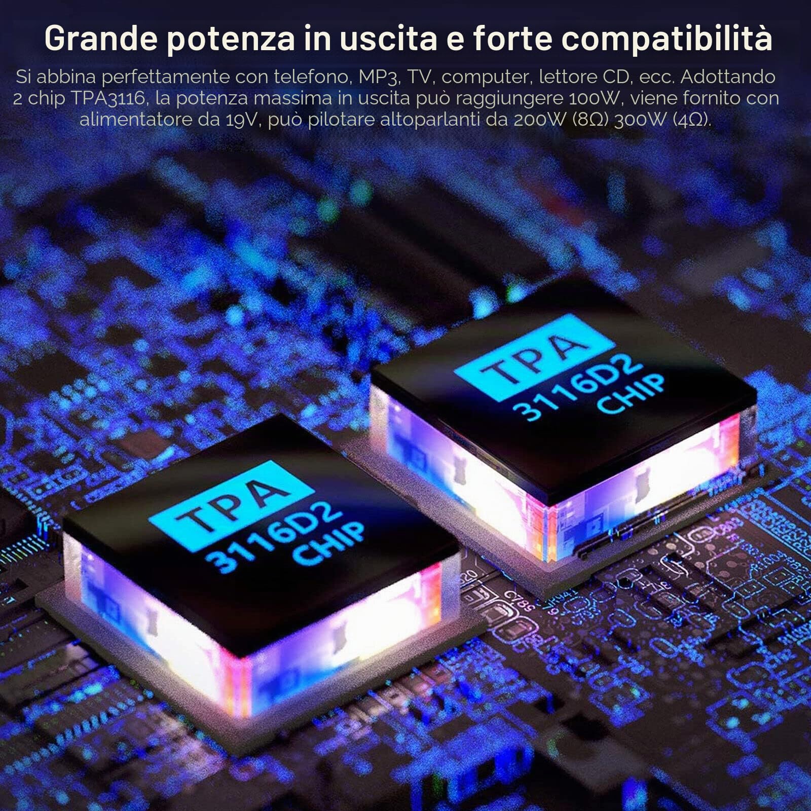 Nobsound Hi-Fi 200-Watt, amplificatore stereo, digital power, controllo treble, bassi con alimentatore