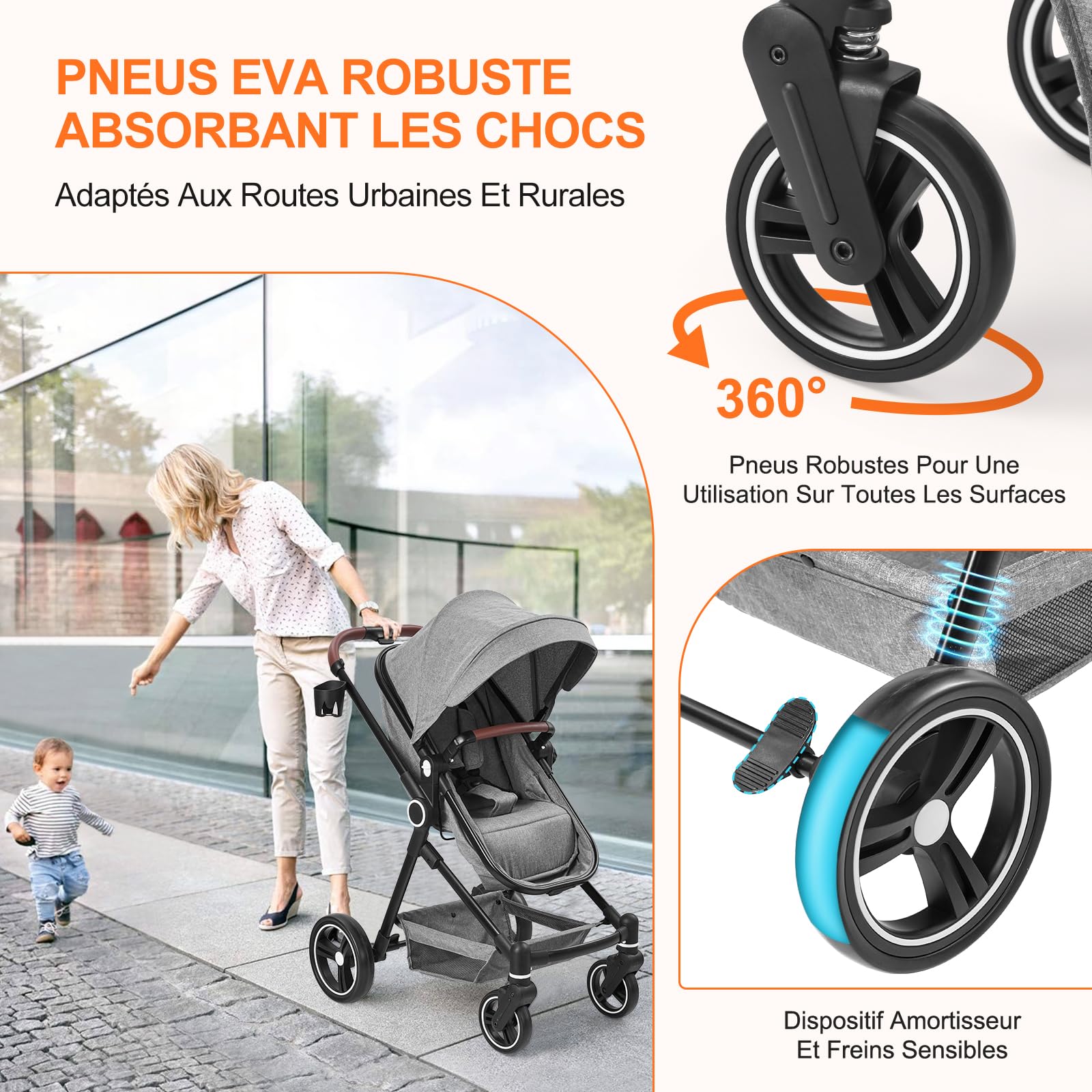 Poussette 2 En 1, Poussette Combinée Compacte Légère Pliable Avec Siège Inclinable, Landau Réglable, Poussette Bébé Confort Tout Terrain Haut Paysage, 0-3 Ans