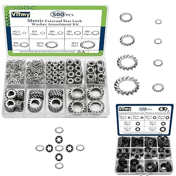 500 PCS 304 Stainless Steel External Tooth Lock Washers Assortment Kit and 500 PCS Steel Black Oxide Finish Internal Tooth Star Lock Washers