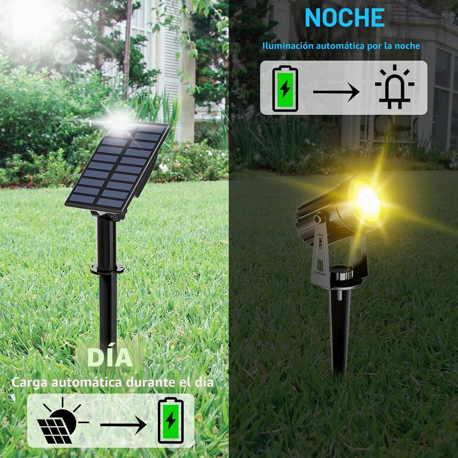 T-SUN Foco Solar Exterior 2 en 1 Luces Jardin 3000K Luz Super Brillante Iluminación, Impermeable IP65 Lámpara Solar para Camino/Césped