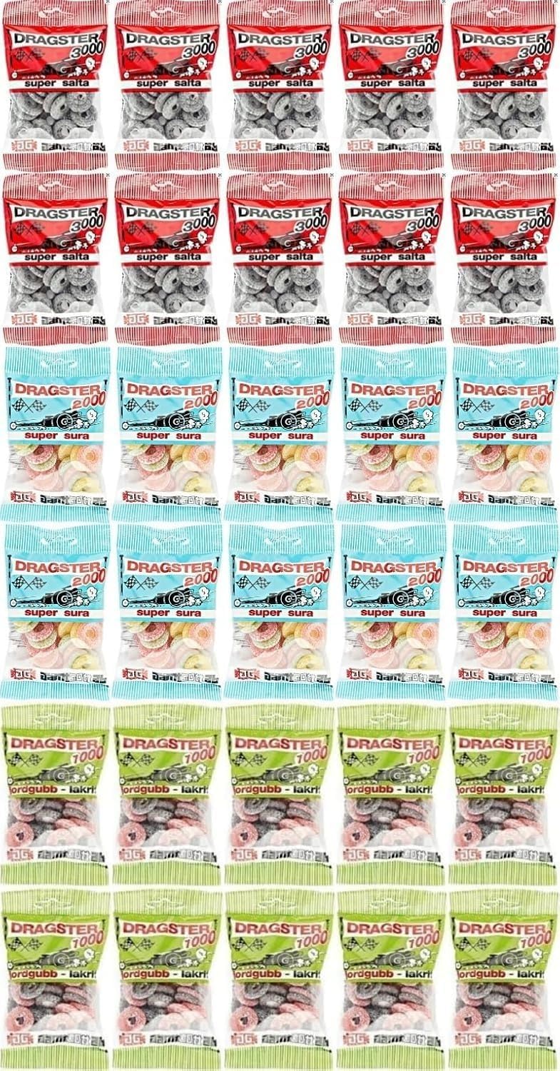 Colección de Dulces Suecos de Carreras – Regaliz Salado, Frutas Ácidas y Mezcla de Fresa (30 paquetes / 1,5 kg) Caja Söpösöpö (SOPOSOPO)