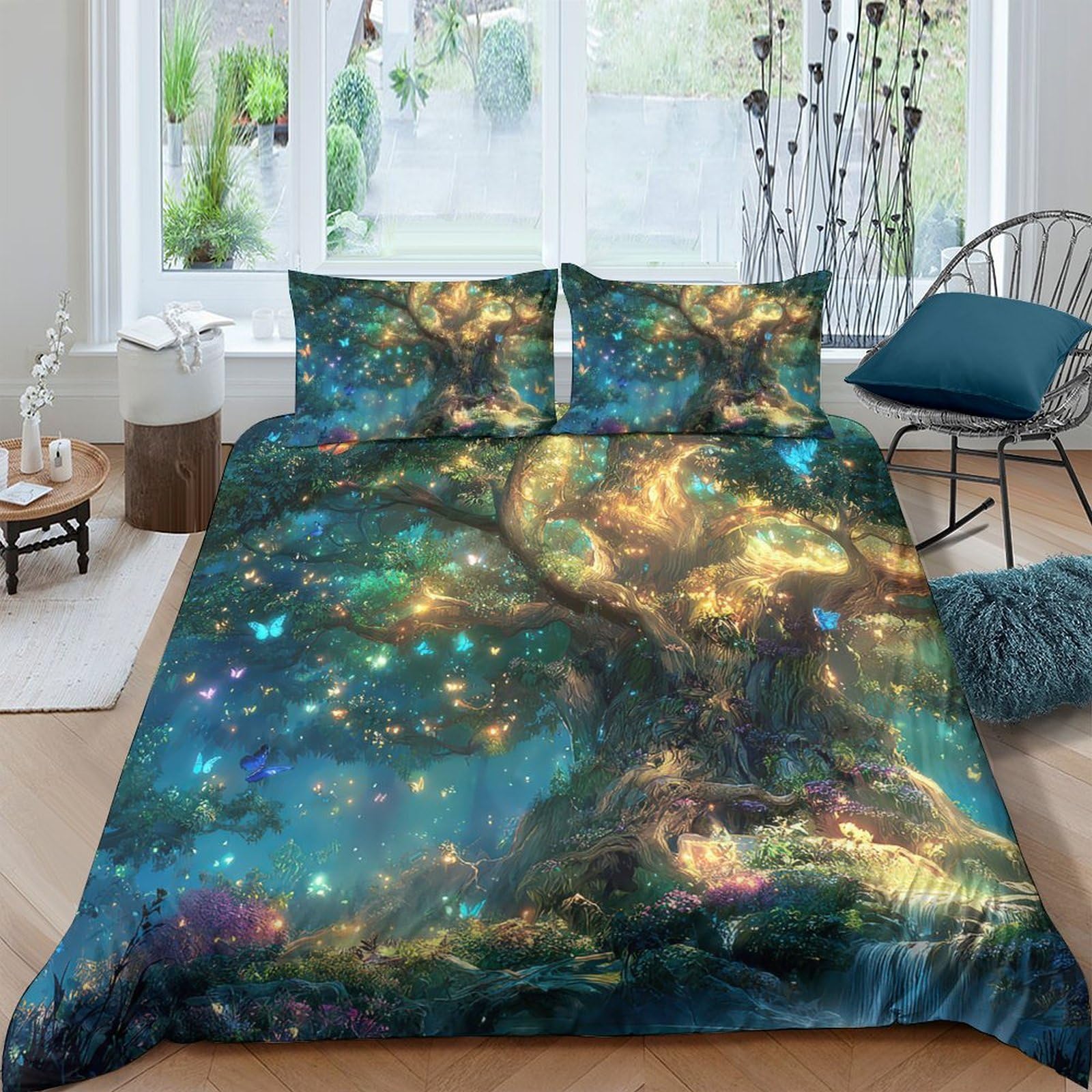 Ctjqhvkz Style-2 3D Printed Enchanted Forest Fitted Sheet Microfiber Soft Breathable Fairy Tale Tree Mattress Cover Bedroom Decor Single（135X200cm）