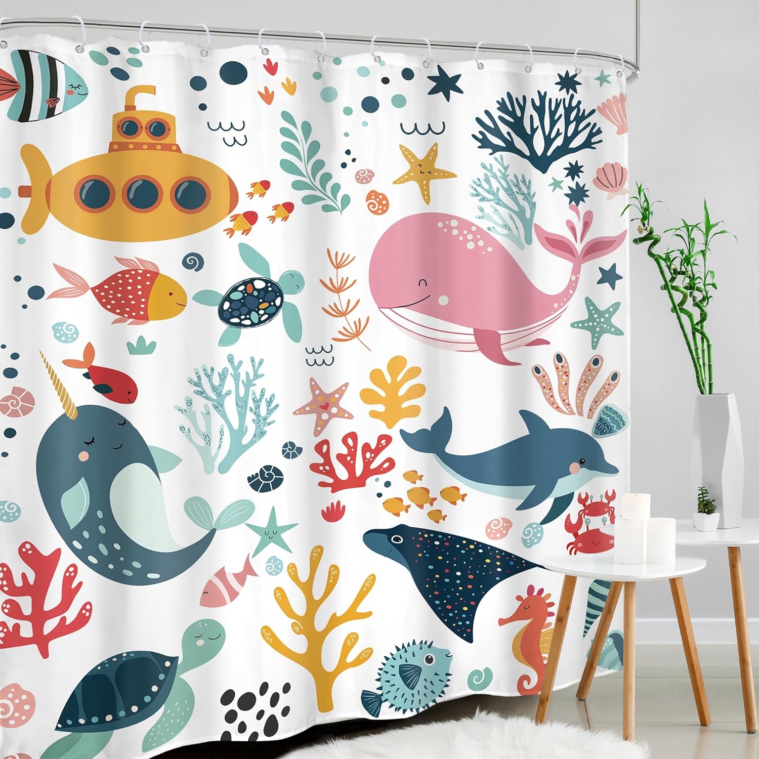 Kids Shower Curtain 72Wx84H Extra Long Ocean Cute Cartoon Whale Funny Kid Bathroom Decor Nursery Boys Girls Underwater Coastal Submarine Fish Animal Bath Curtain Fabric Polyester 12 Pack Hooks