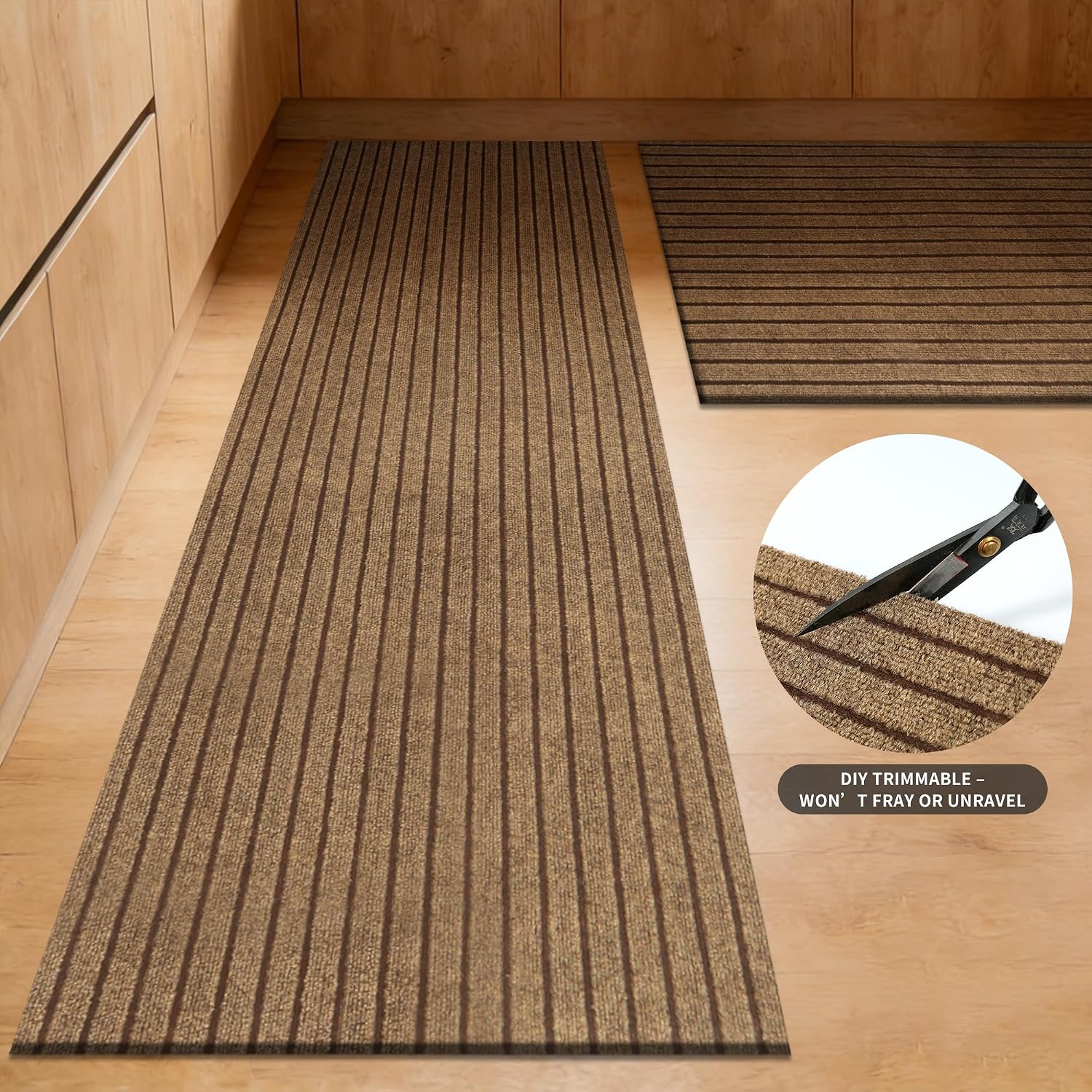 2ft x 6ft Runner Rug, Non Slip Indoor Outdoor Rugs, Waterproof Low Profile Carpet Runners for Hallway Entryway Kitchen Garage Patio Balcony, Custom, Brown Stripes