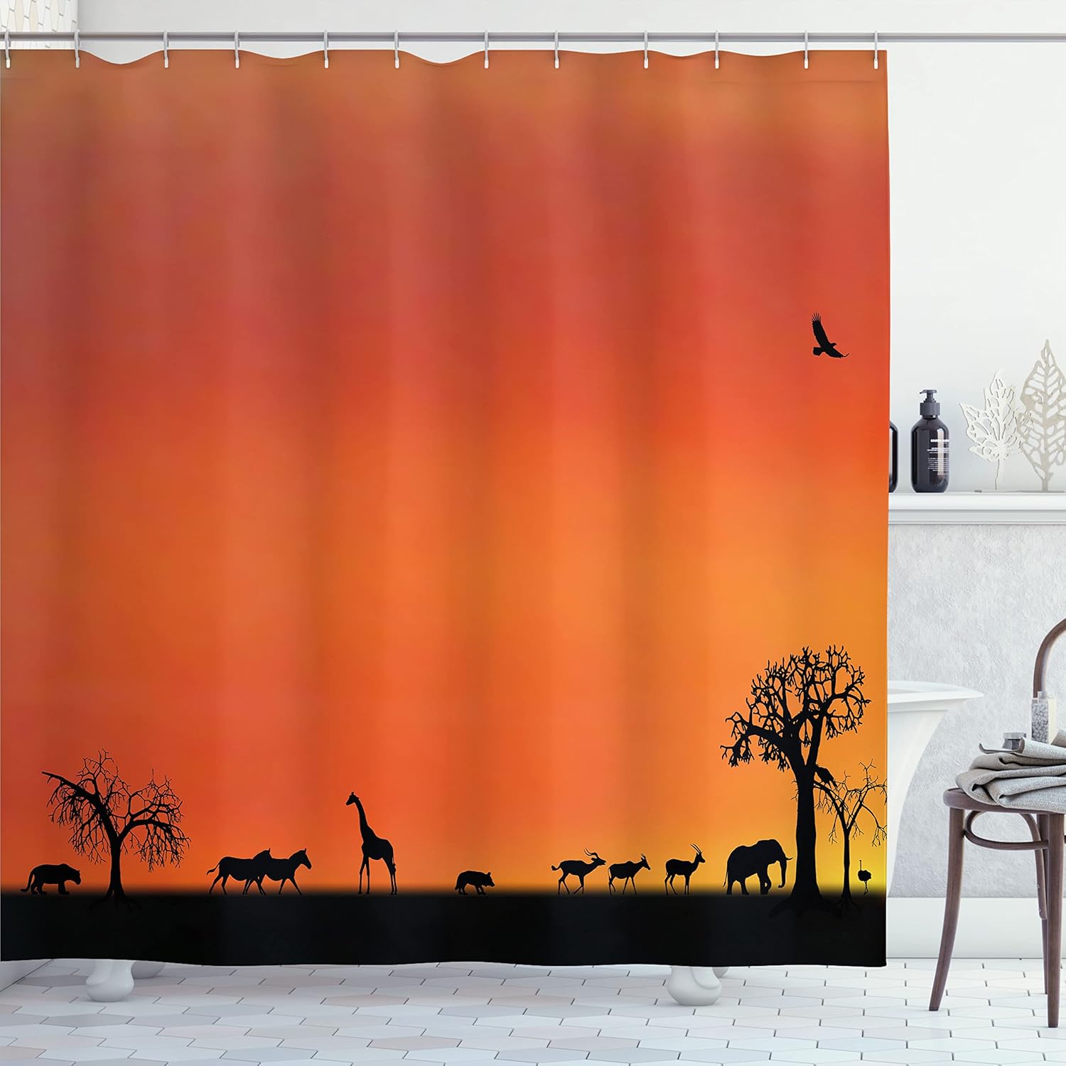 Ambesonne Africa Shower Curtain, Panorama of Savannah Animals Gulls Reflections in Back at Sunset Scenery, Cloth Fabric Bathroom Decor Set with Hooks, 69" W x 75" L, Burnt Orange Black
