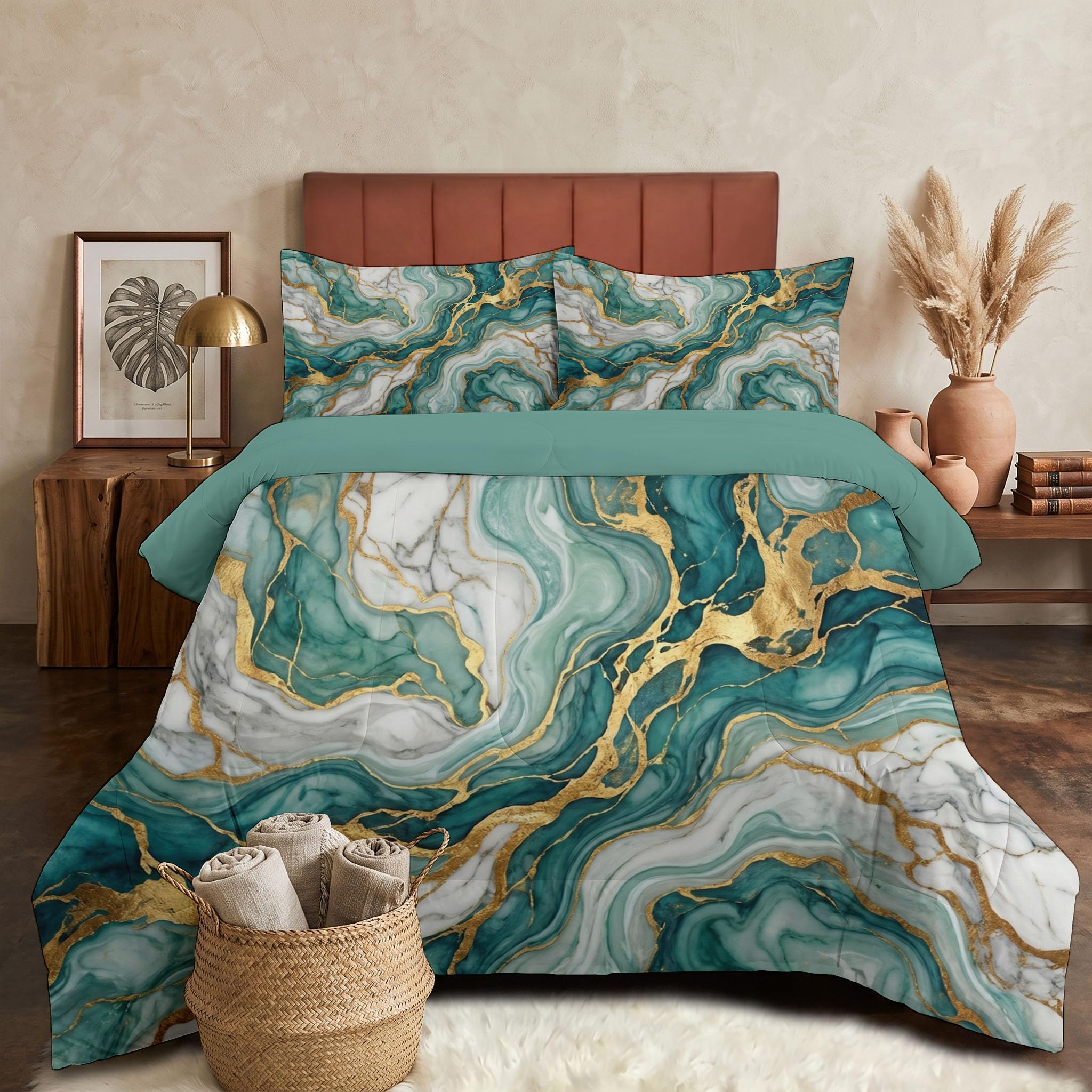 Vergoldet Marmor Bettdecke 140×200 cm | 4 Jahreszeiten Blattgold Crack Steppdecke mit 1 Kissenbezug 80x80cm, Waschbar Ganzjahresdecke - Grün Gold