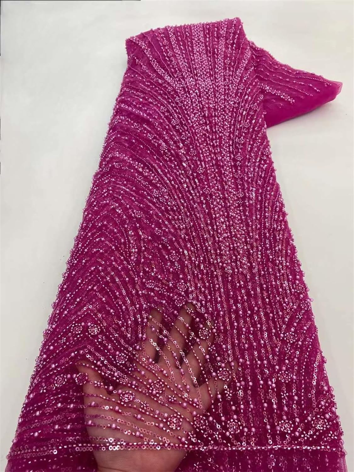 Exquisite Handmade Beads Sequins Tulle Lace Fabric for Wedding Dress Sewing (5 Yards,Black)