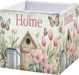 Foldable Storage Cube Garden Scene Flower Pots Butterfly Organizer Basket for Home Shelf