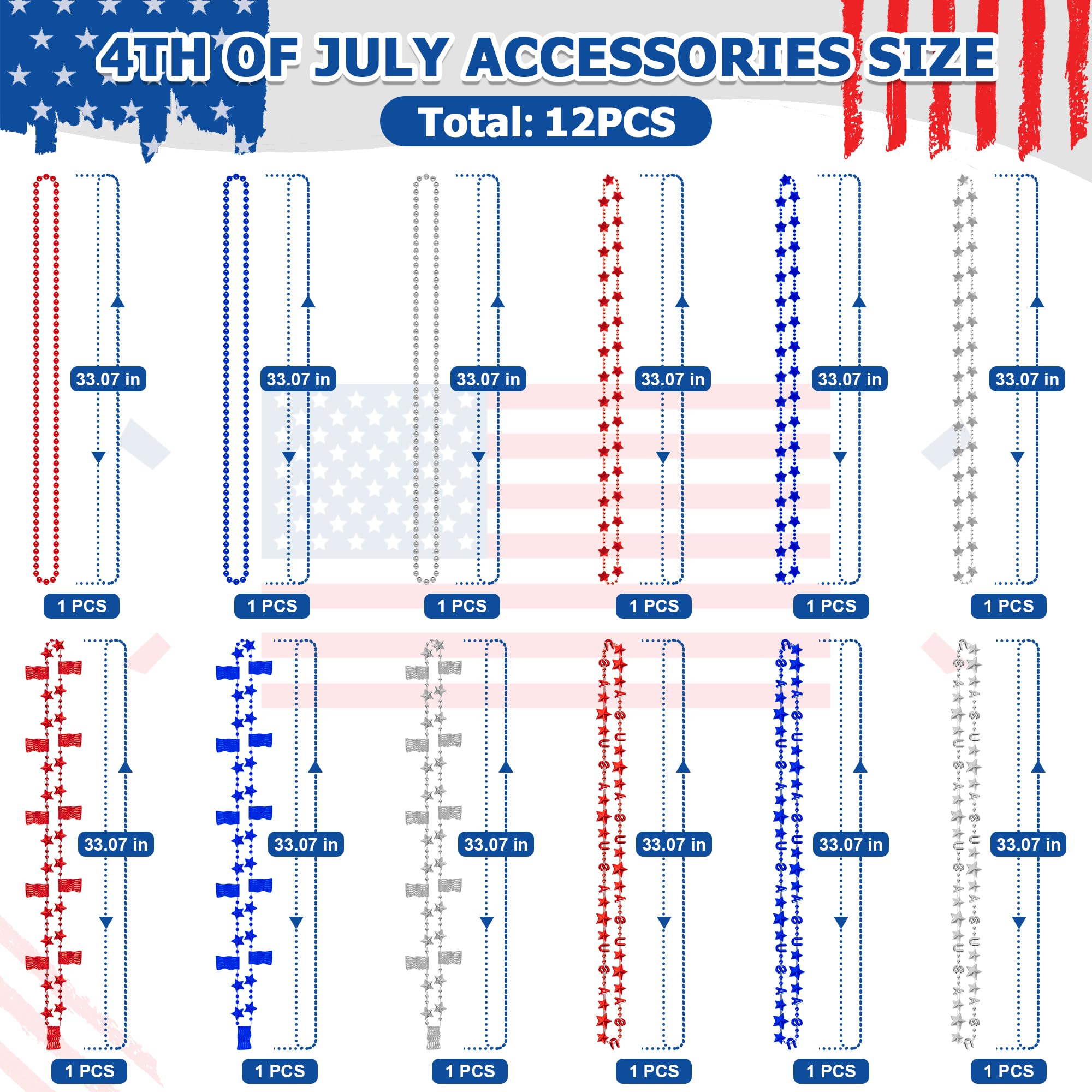 EOBOH 4th of July Necklace Accessories, 12PCS Fourth of July Beads Necklaces Bulk, Independence Day Red Blue White Stars USA Flags Necklace, Patriotic Bulk for Parade Party Favors Decorations