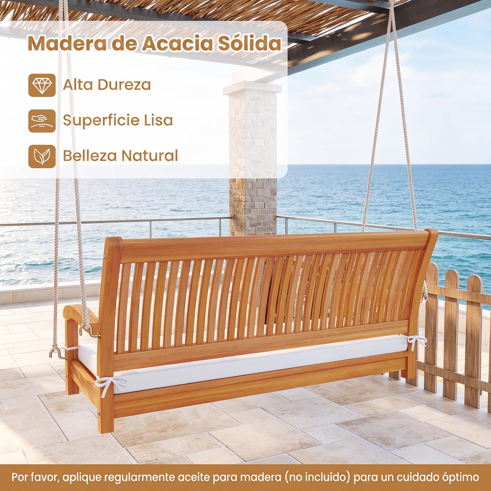 COSTWAY Banco Columpio de Jardín de 2 Plazas, Banco Colgante de Madera de Acacia con Cojín, Ganchos en S, Asiento de Listones, Respaldo y Reposabrazos, Silla Colgante para Exterior Patio, Carga 360 kg