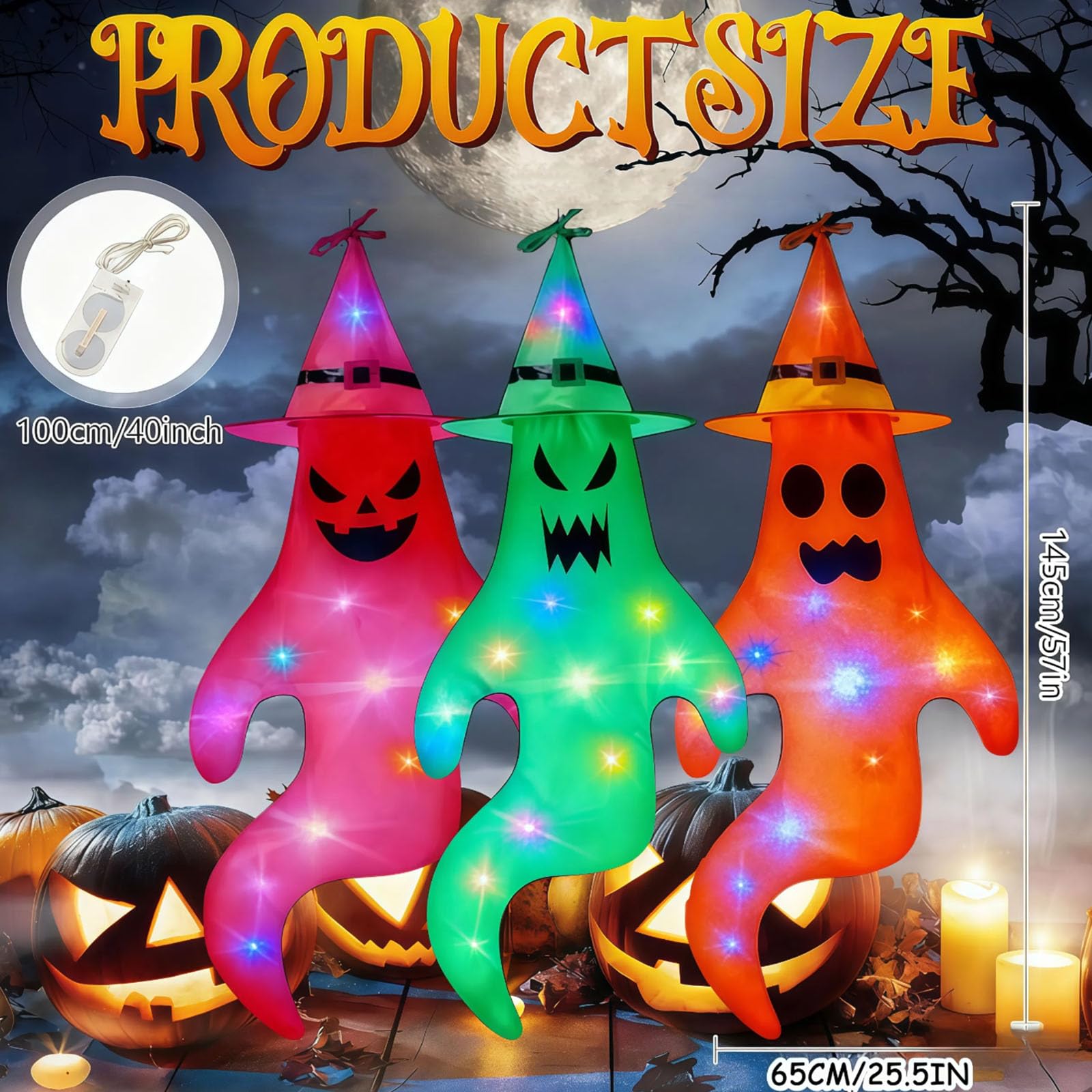 3 Stück Halloween Deko Geist mit Bunt LED Lichtern, 145x65cm Halloween Deko Outdoor Hängende Geister, Hängende Geisterflagge mit Hexenhut, für Garten Hof Terrasse Party Horror Hängen Dekoration