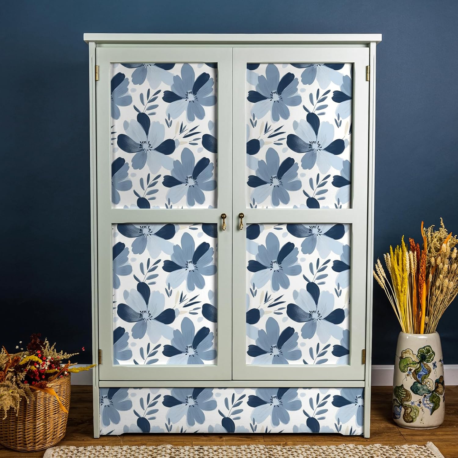 Blue Floral Wallpaper Peel and Stick Watercolor Elegant Flower Leaf Wallpaper Decorative Floral Contact Paper 12"x118" Self Adhesive Renter Friendly Wall Paper for Bedroom Nursery Cucible