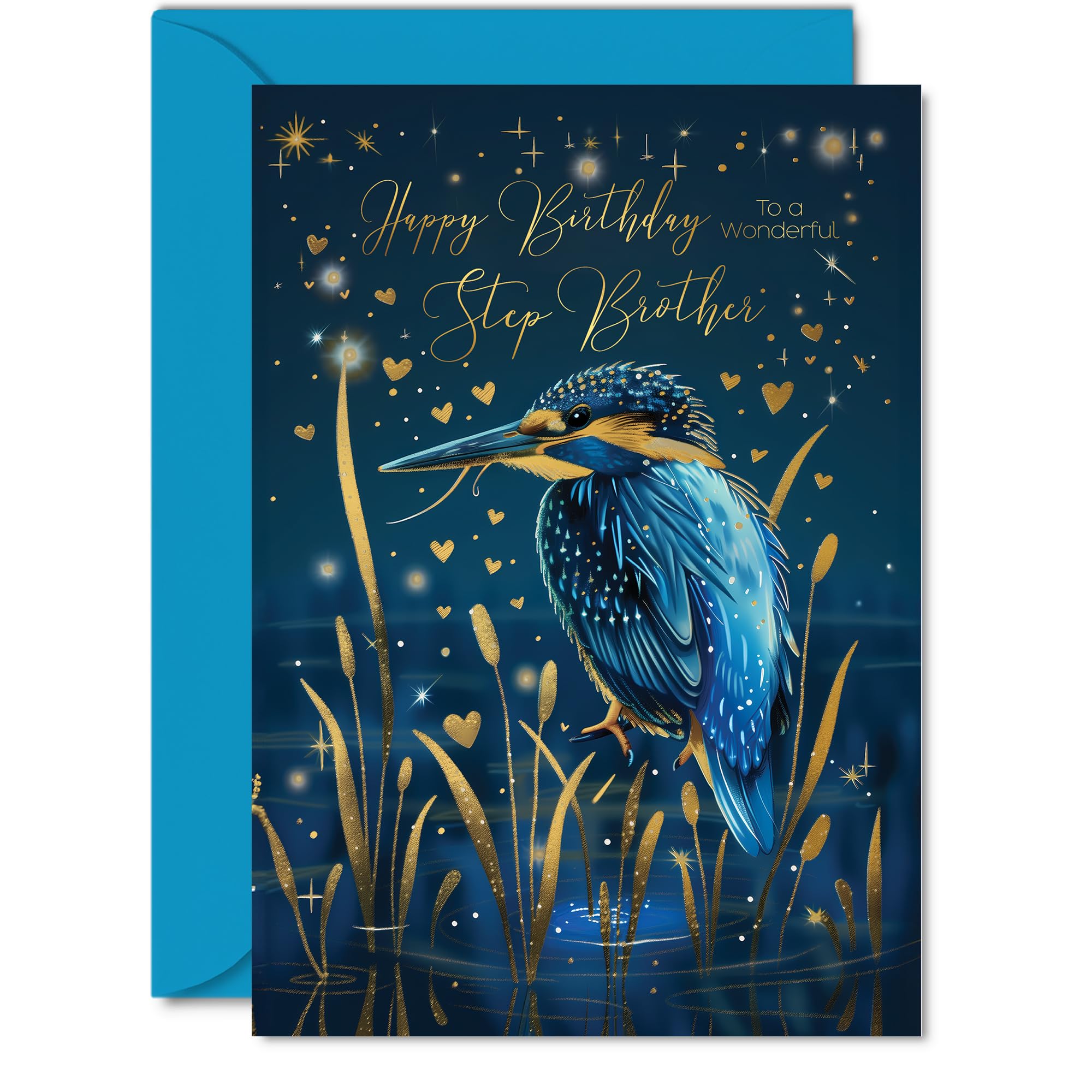 Beautiful Gold Birthday Cards for Step Brother - Wonderful Golden Kingfisher - Pretty Traditional Elegant Birthday Card for Step Brother from Step Sister, A5 Sibling Gorgeous Greeting Cards Gift
