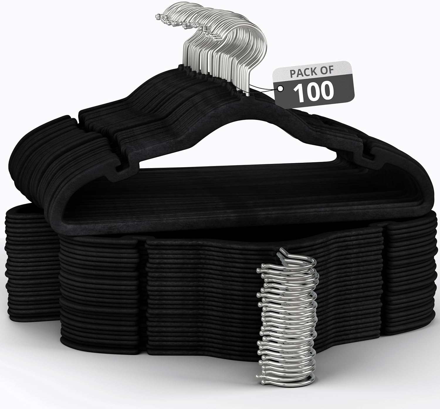 Product image of 100 Pack Velvet Hanger for Shirt Pants Dresses Skirts Suits Jackets - Slim Space Saving Design - Standard Coat Hanger - Sturdy & Durable Design with Shoulder Grooves Hook - Black