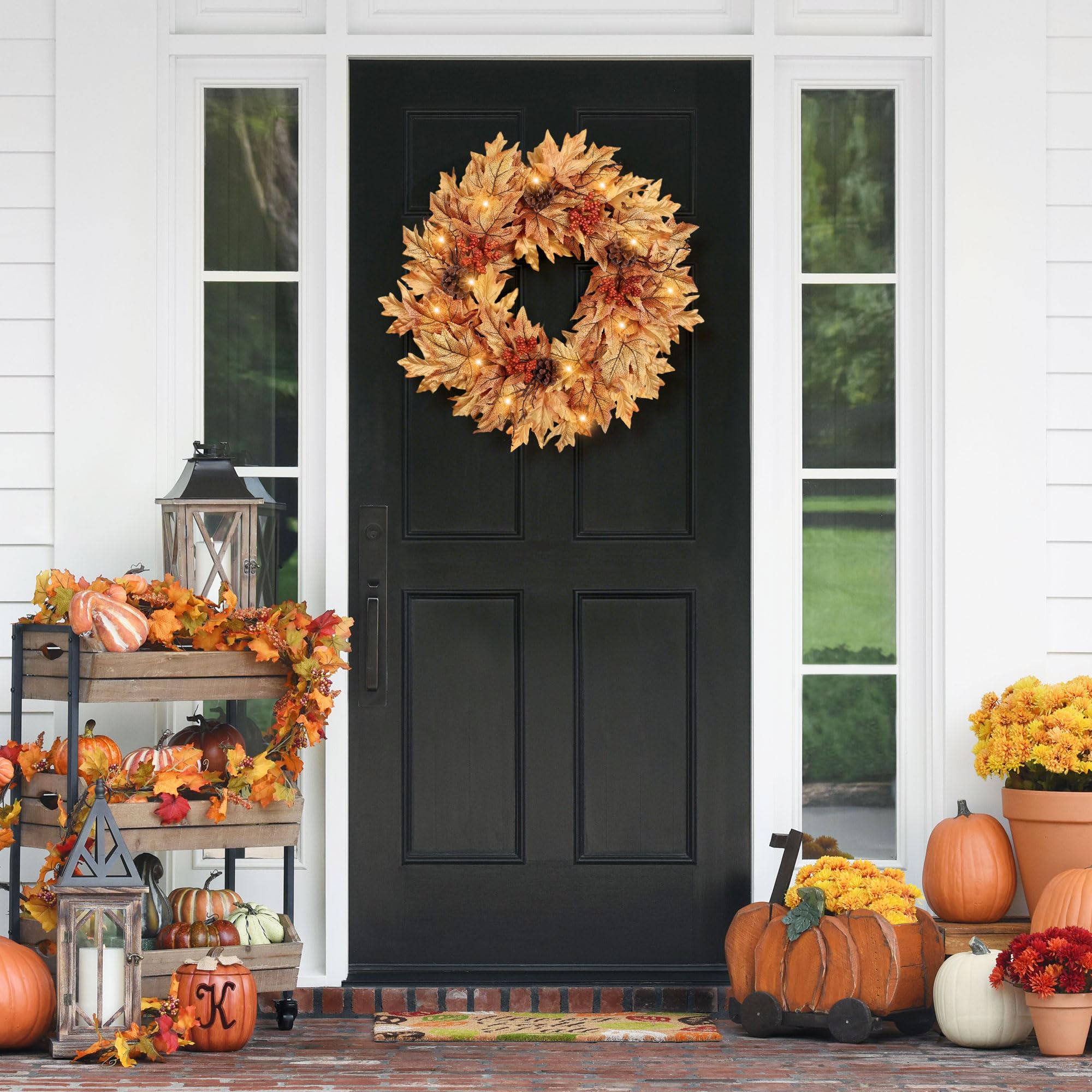 Couronne d'automne pré-éclairée de 61 cm pour porte d'entrée avec