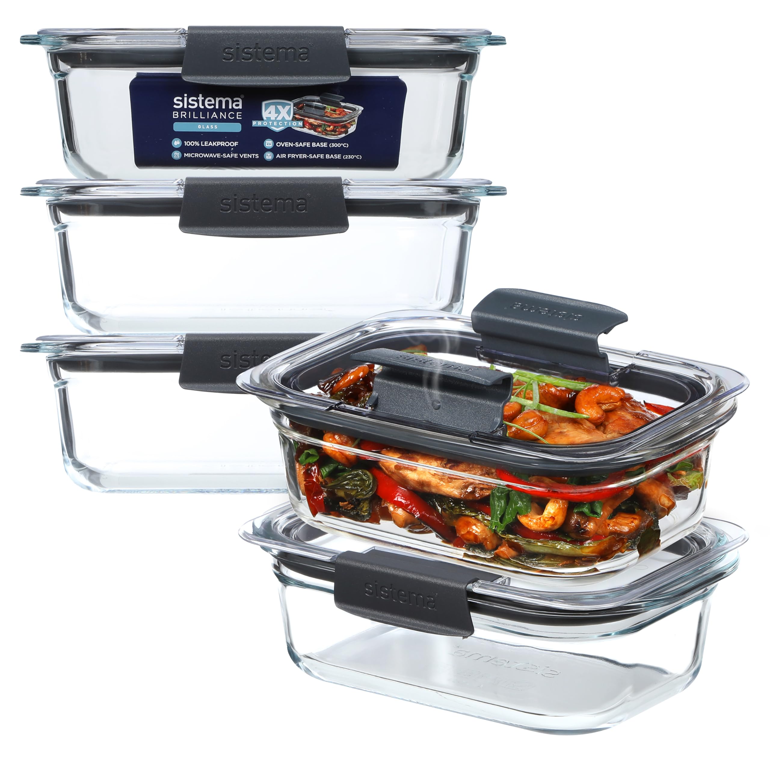 Sistema Brilliance Glass Meal Prep Containers 757 ml, 5 Pack, 100% Leakproof & Airtight, Microwave Vents for Splatter-Free Heating, Over Safe & Air Fryer Safe Base, Freezer-Safe Meal Prep Containers