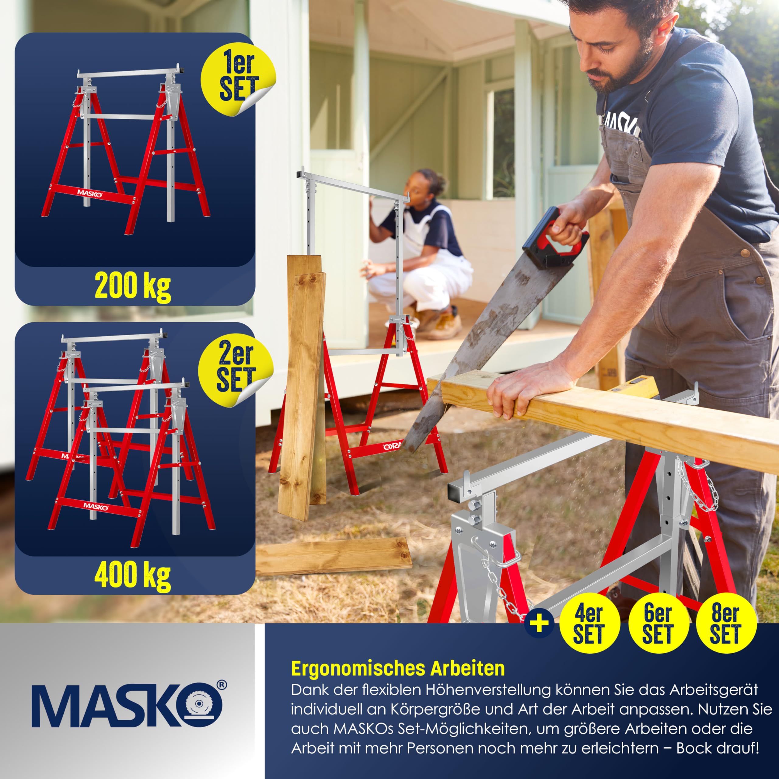 MASKO® Teleskop-Arbeitsbock Untergestell 2-er Set | Klappbock max. Belastbarkeit 200 kg | Unterstellbock höhenverstellbar Min. / max. Arbeitshöhe 800-1300 mm | Gerüstbock inkl. Handschuhe | Rot