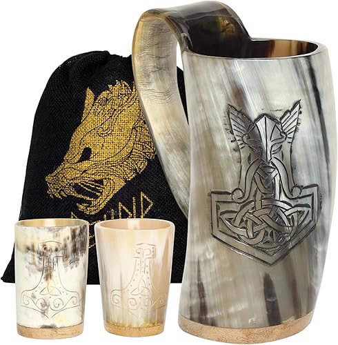 Miniatura 1 de Taza de cuerno vikingo de 16 onzas con acabado Thor Odin con asa y 2 vasos de chupito, hecha a mano, taza nórdica de cuerno real para Ale, Mead y