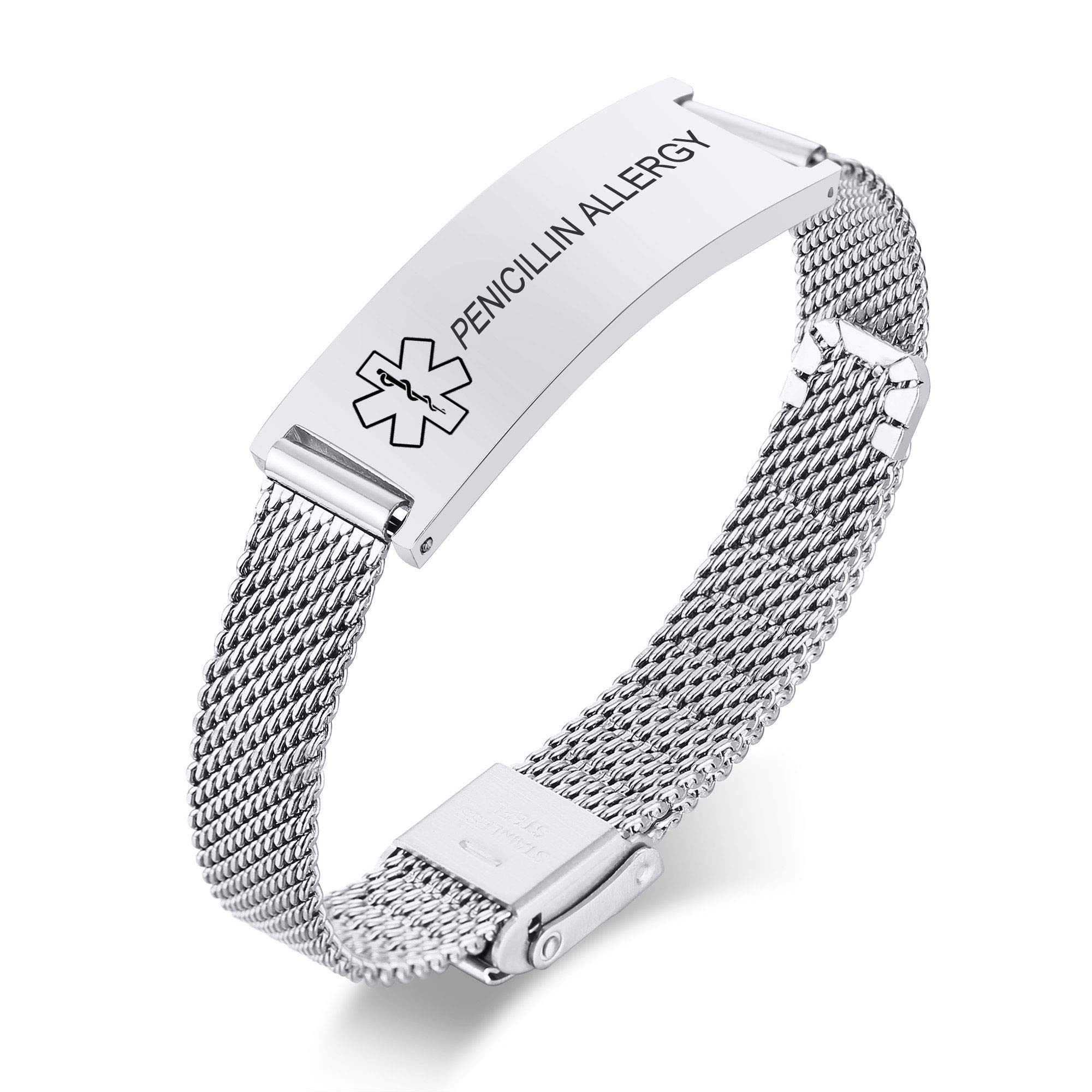VNOX Medical Alert Bracelets for Men &amp; Women Kids with Free Engraving Adjustable Stainless Steel Mesh Emergency Medical ID Bracelets Wristband