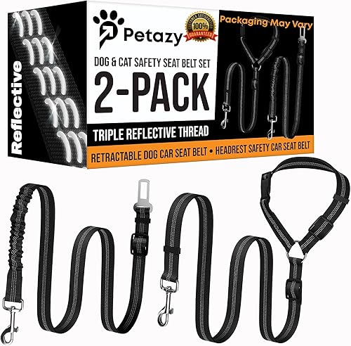 Petazy Cinturón de seguridad para perro con costuras reflectantes Arnés elástico retráctil para mascotas Cinturón de seguridad ajustable para