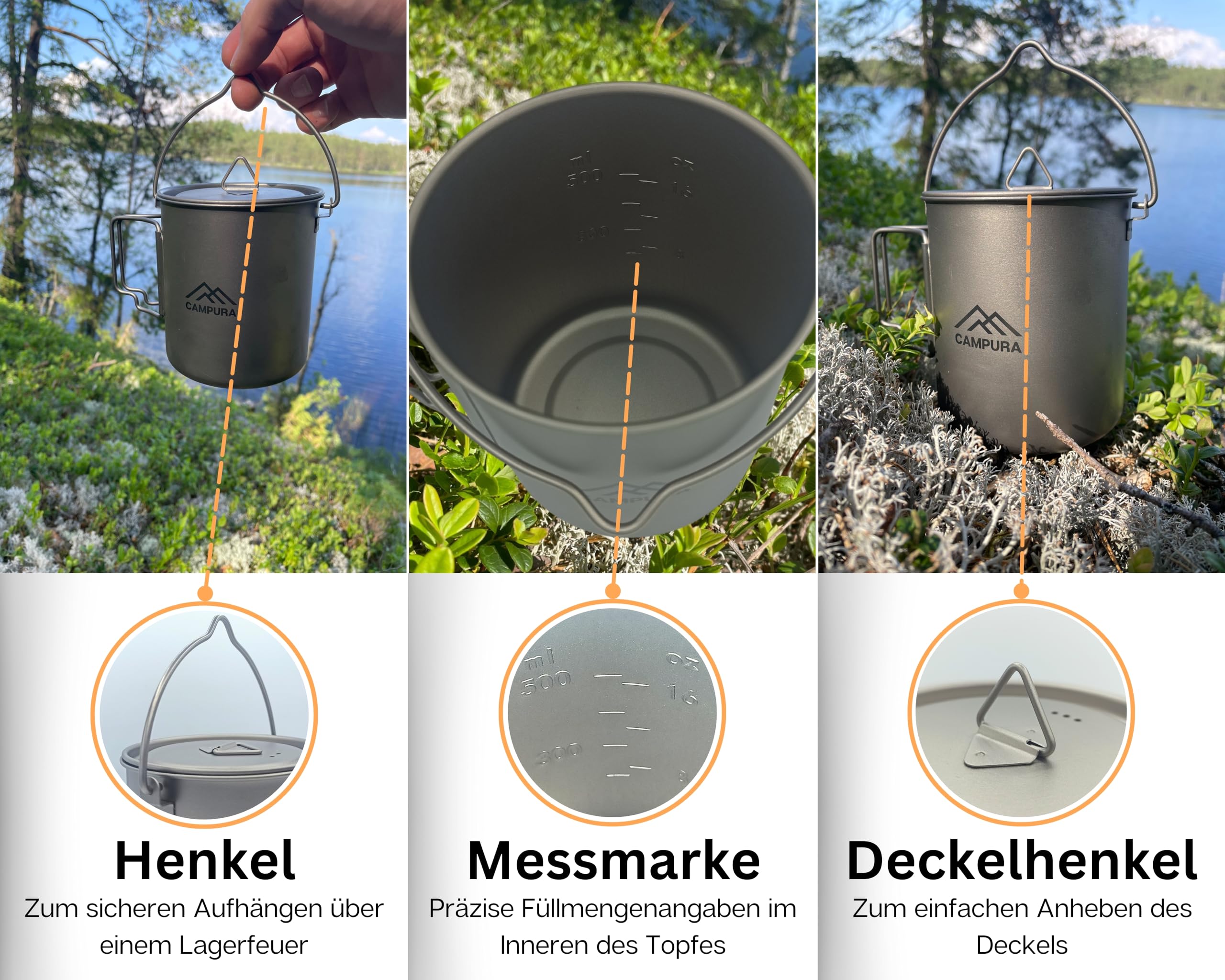 Titan Topf Outdoor inkl. 5-in-1 Edelstahl Klappbesteck - Ultraleicht 146g für Trekking & Bushcraft - 750ml, faltbar - Camping Geschirr Titanium Survival Topf