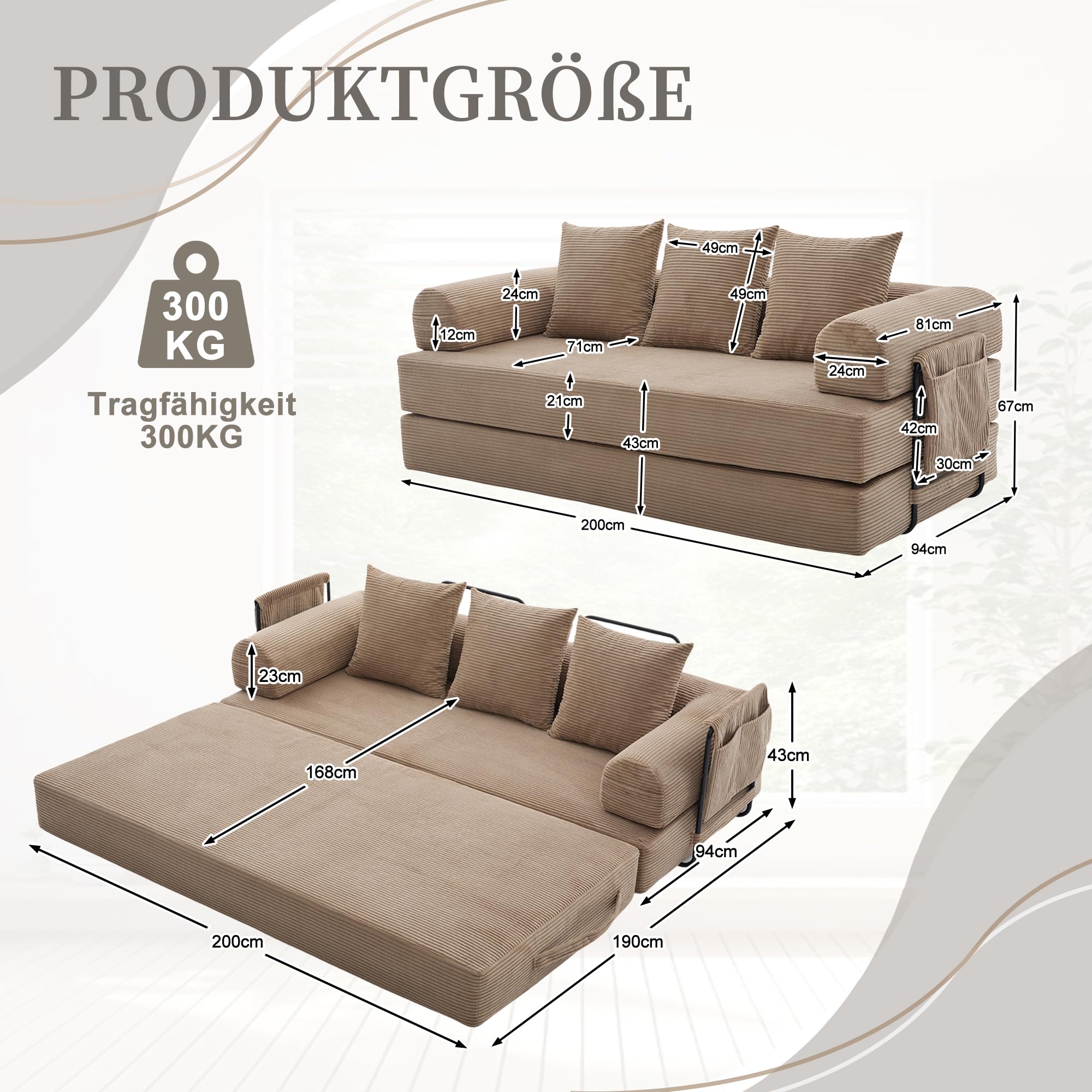 Sofá modular, sofá sin huesos, sofá cama, sofá con función de dormir, plegable, con estructura de metal robusta, bolsillos laterales + 3 cojines, 200×94×67cm (Jaque)