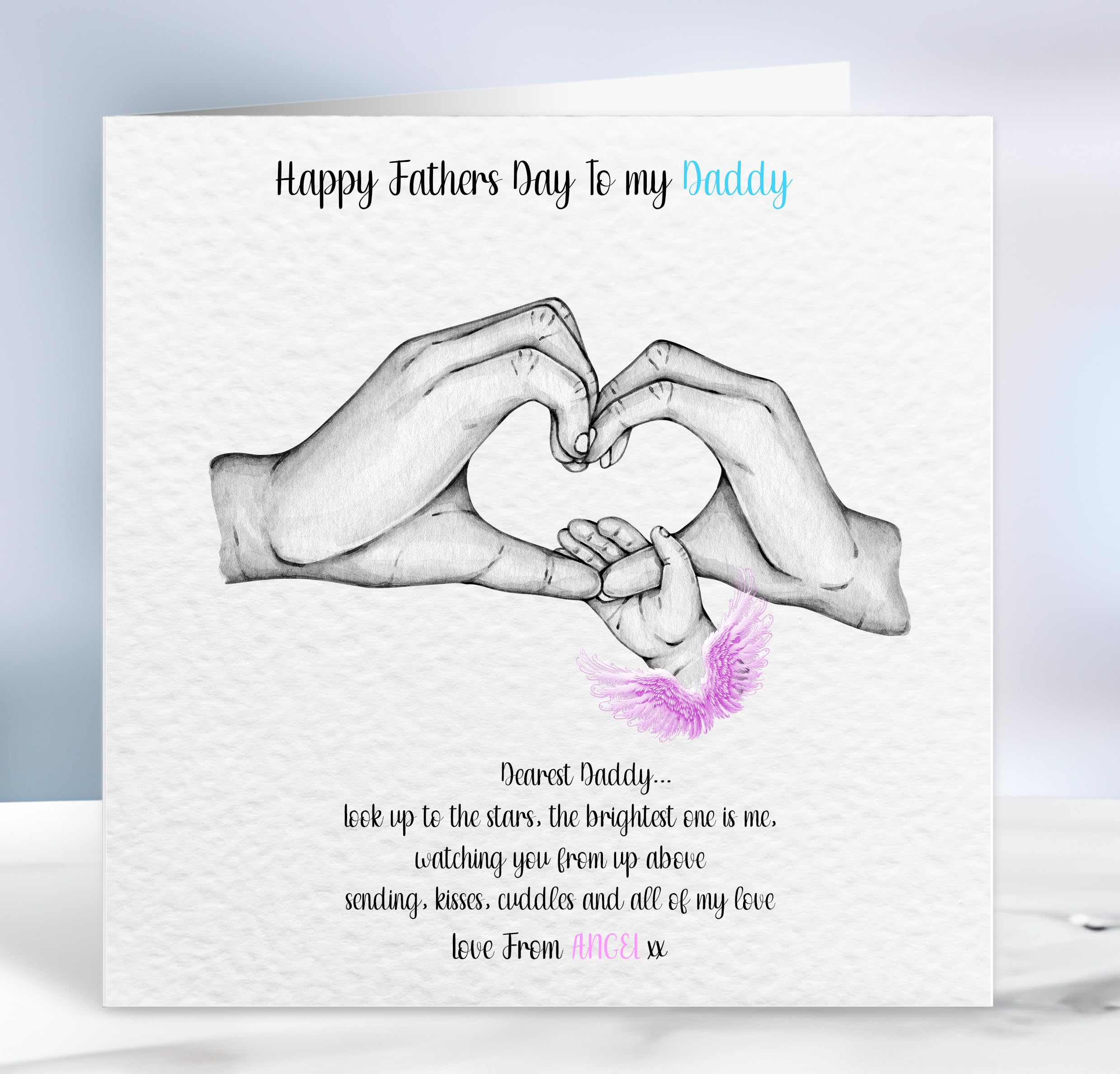Memorial Father's Day Card with Heart Hand Design, Angel Theme, White Luxury Hammered Card. Fathers day from Heaven (Pink)