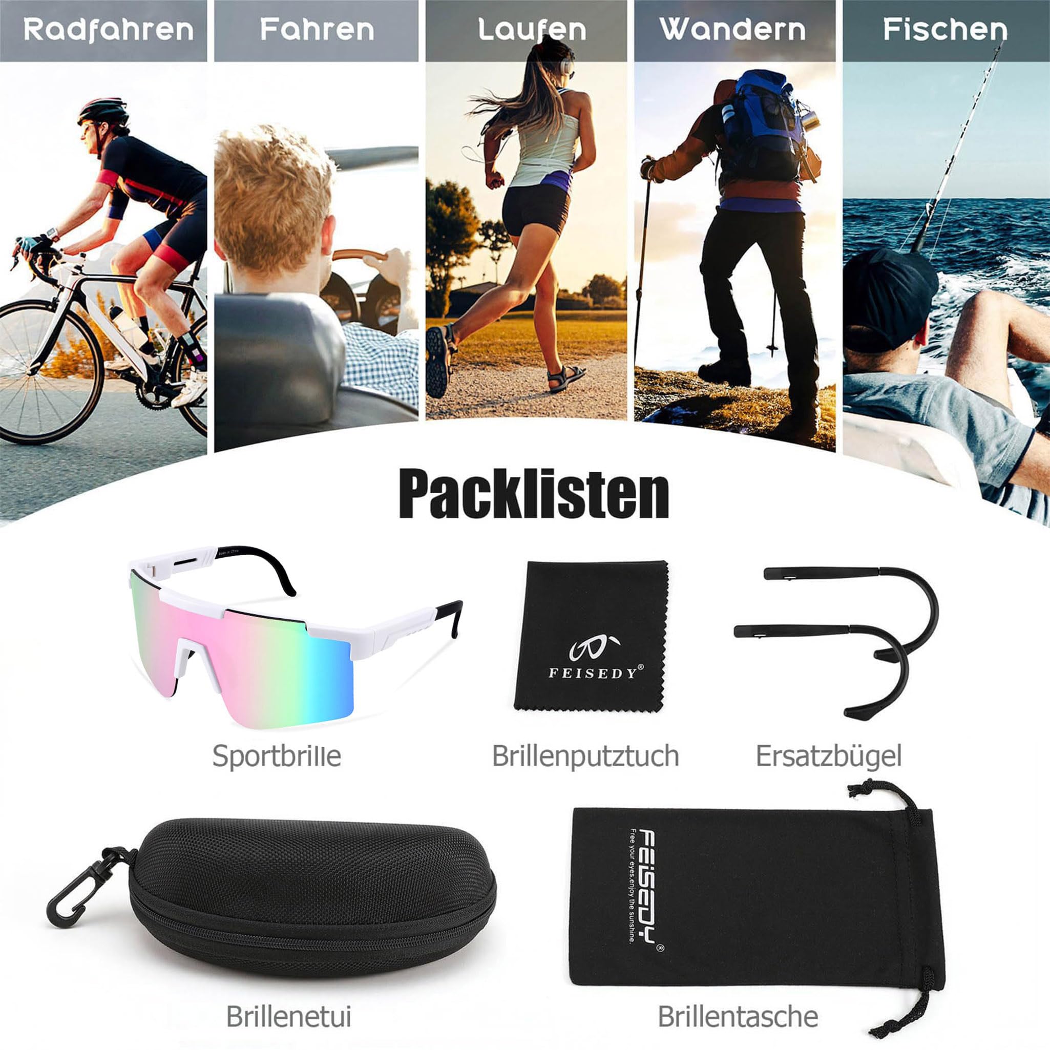 FEISEDY Sport Sonnenbrille Herren Fahrradbrille für Damen Sportbrille UV400 Schutz Radsportbrillen für Outdooraktivitäten B2837