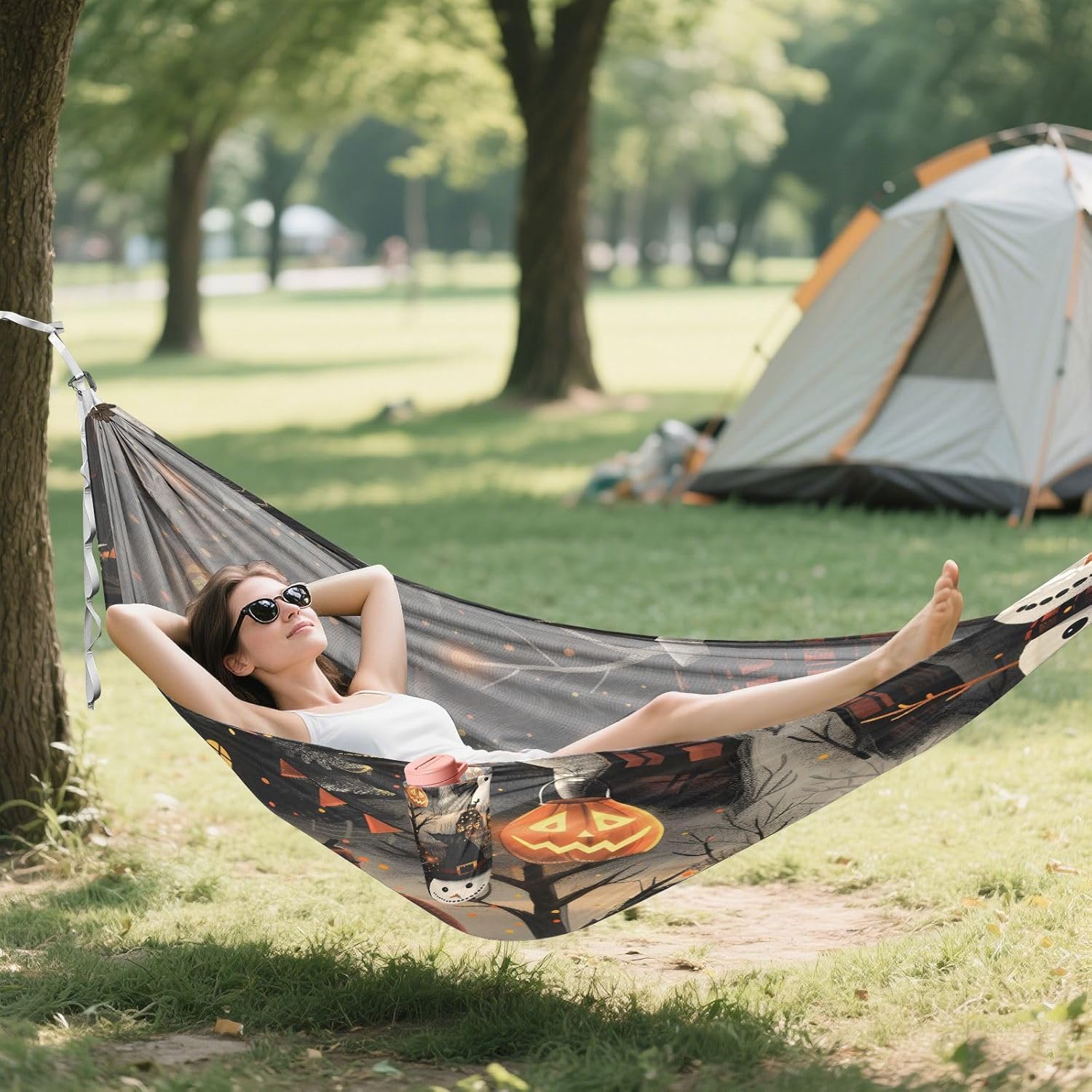 ALAZA Halloween Pumpkin Snowman Camping Hammocks Single or 2 Person 500 lbs Portable Parachute Travel Hammock w/Tree Straps for Hiking Backpacking Indoor Outdoor