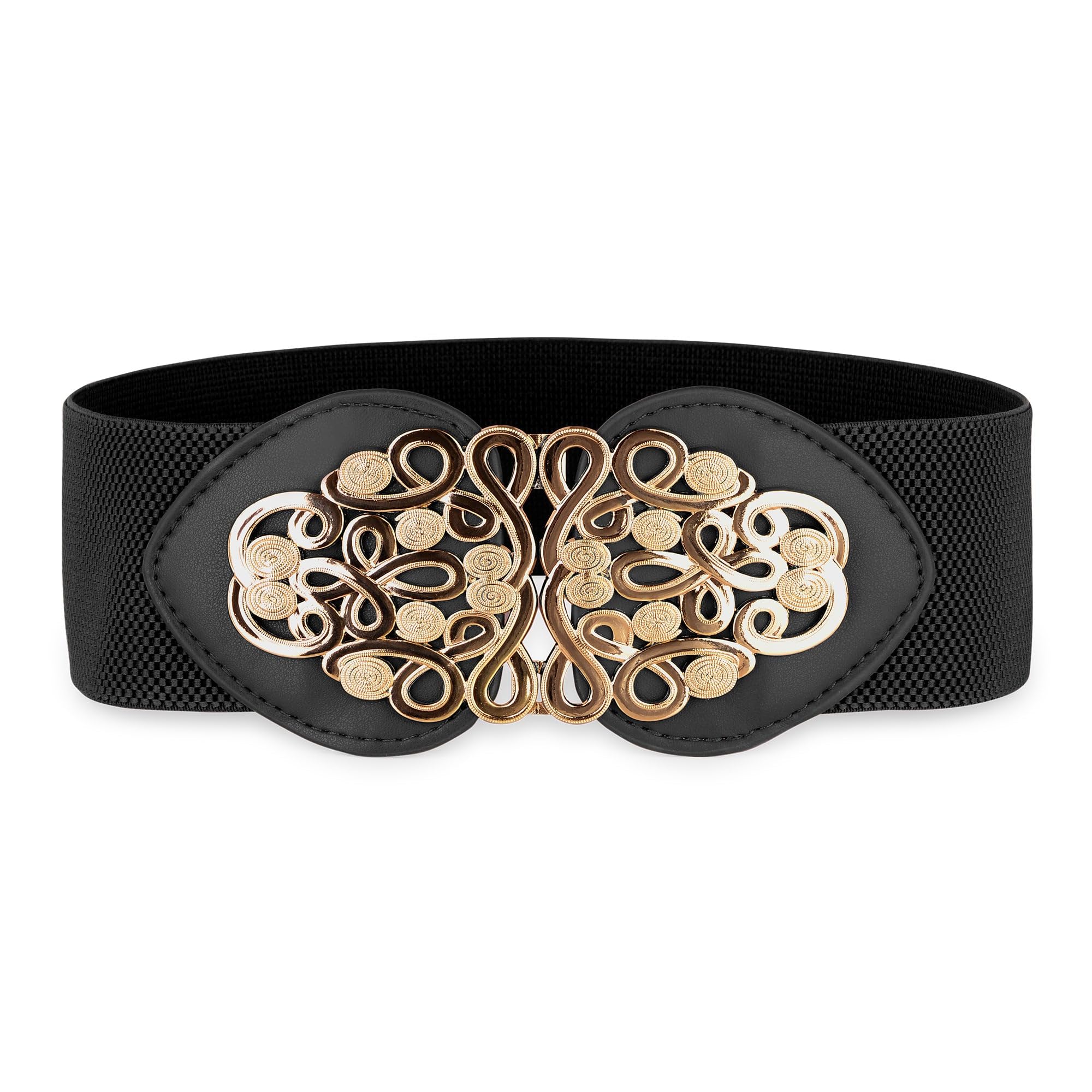 BlackButterfly Wide Elastic Cinch Stretch Waistband Retro Gold Medusa Buckle Waist Belt (Black, S)