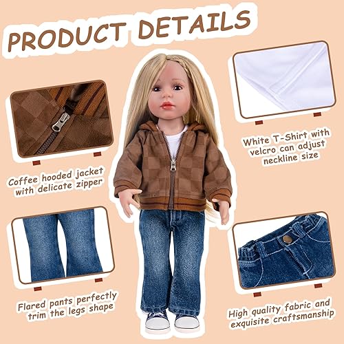 Miniatura 2 de Conjunto de ropa de muñeca de 3 piezas Conjunto de ropa Mocha Coat Blue Jeans & White T-Shirt Baby Doll Ropa Traje (sin muñeca y zapatos) 030