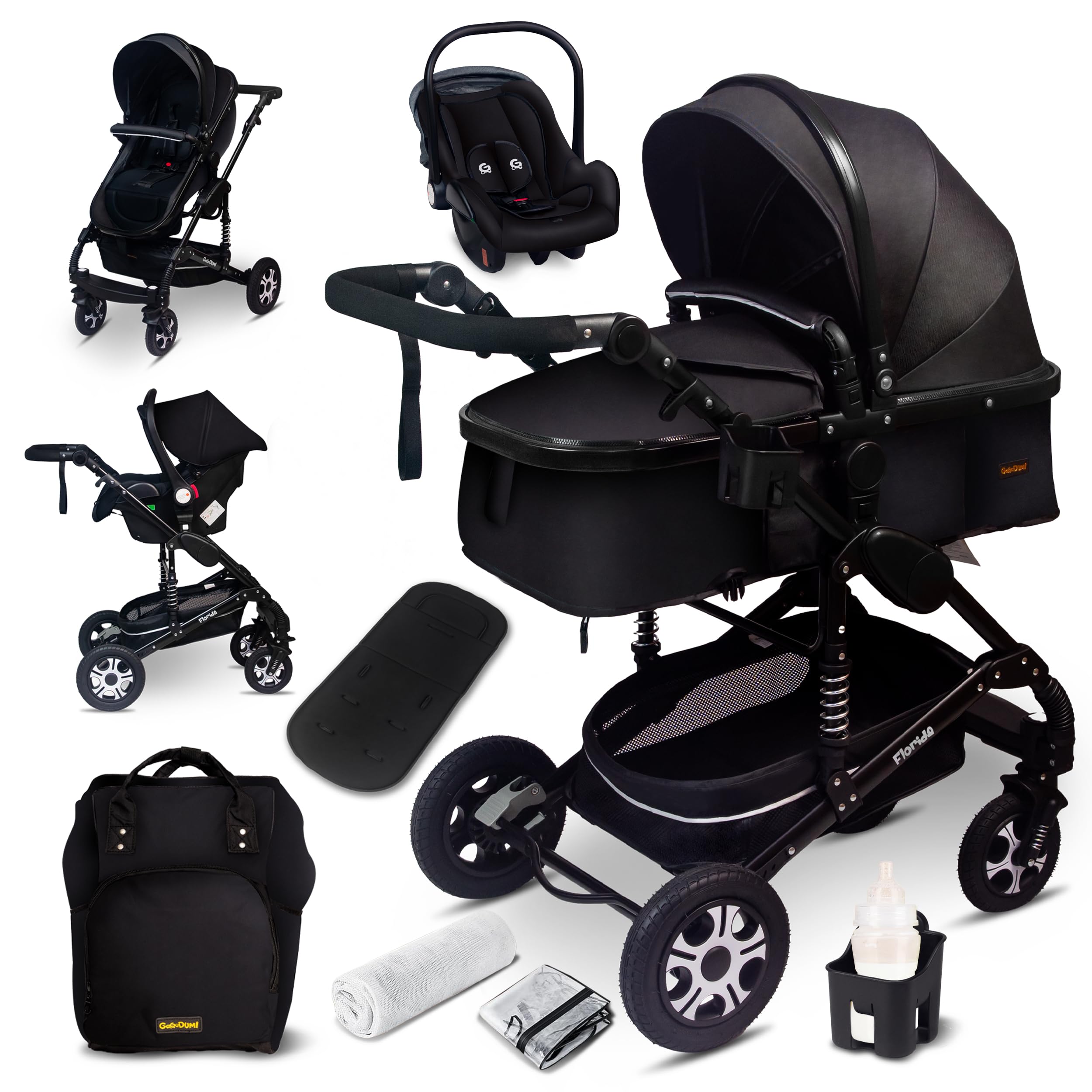 GaGaGaDumi Florida 3 en 1 cochecito completo con asiento de coche - Baby Stroller 3 en 1 TÜV - Cochecito combinado 3 en 1 juego completo de neumáticos completos, bolsa de pañales, Negro/negro