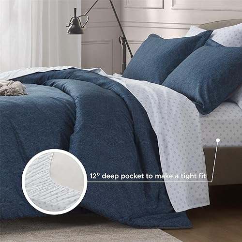 Miniatura 4 de Degrees of Comfort Juego de edredón tamaño individual, 6 piezas con estampado de cambray azul marino, juego de ropa de cama suave reversible para