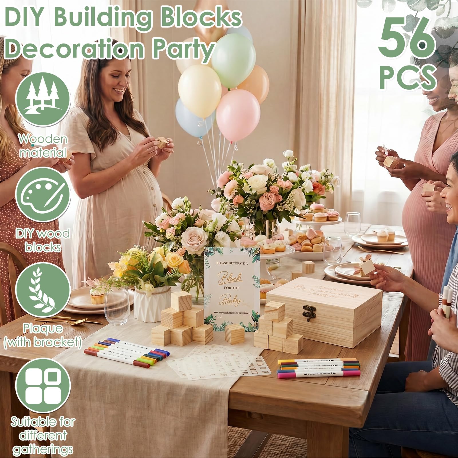 Baby Shower zestaw gier Baby Shower, księga gości, alternatywne drewniane klocki do malowania, w zestawie 56 drewnianych klocków, 24 markery, drewniane pudełko, dekoracja, kreatywna pamiątka