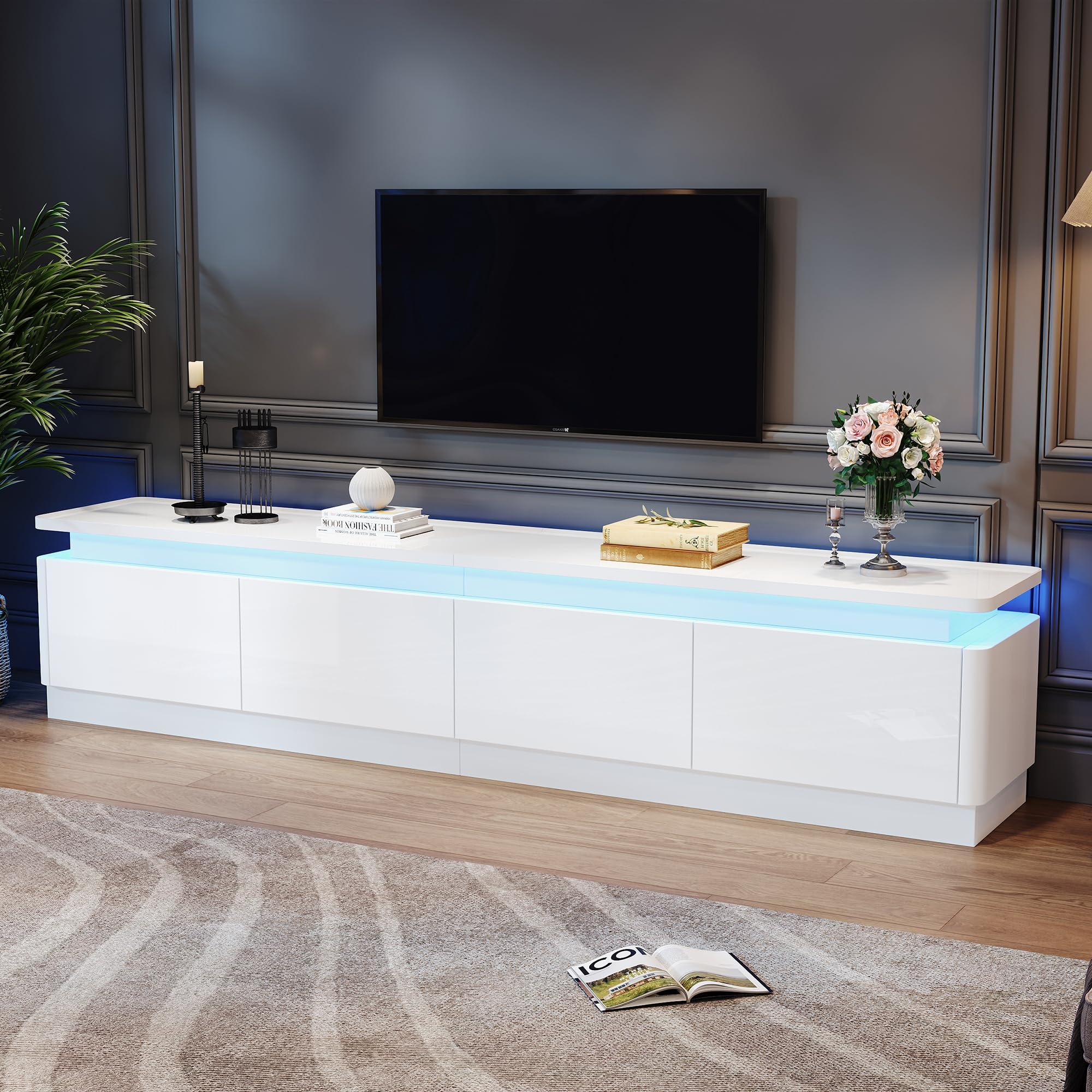 Armadio per TV con 4 cassetti, 180 x 34 x 40 cm, con LED, lucido e tavolo per TV, adatto per TV da 80 pollici (bianco)